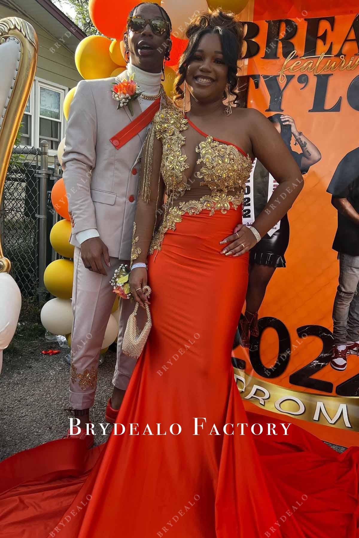 orange illusion sleeve trumpet prom dress