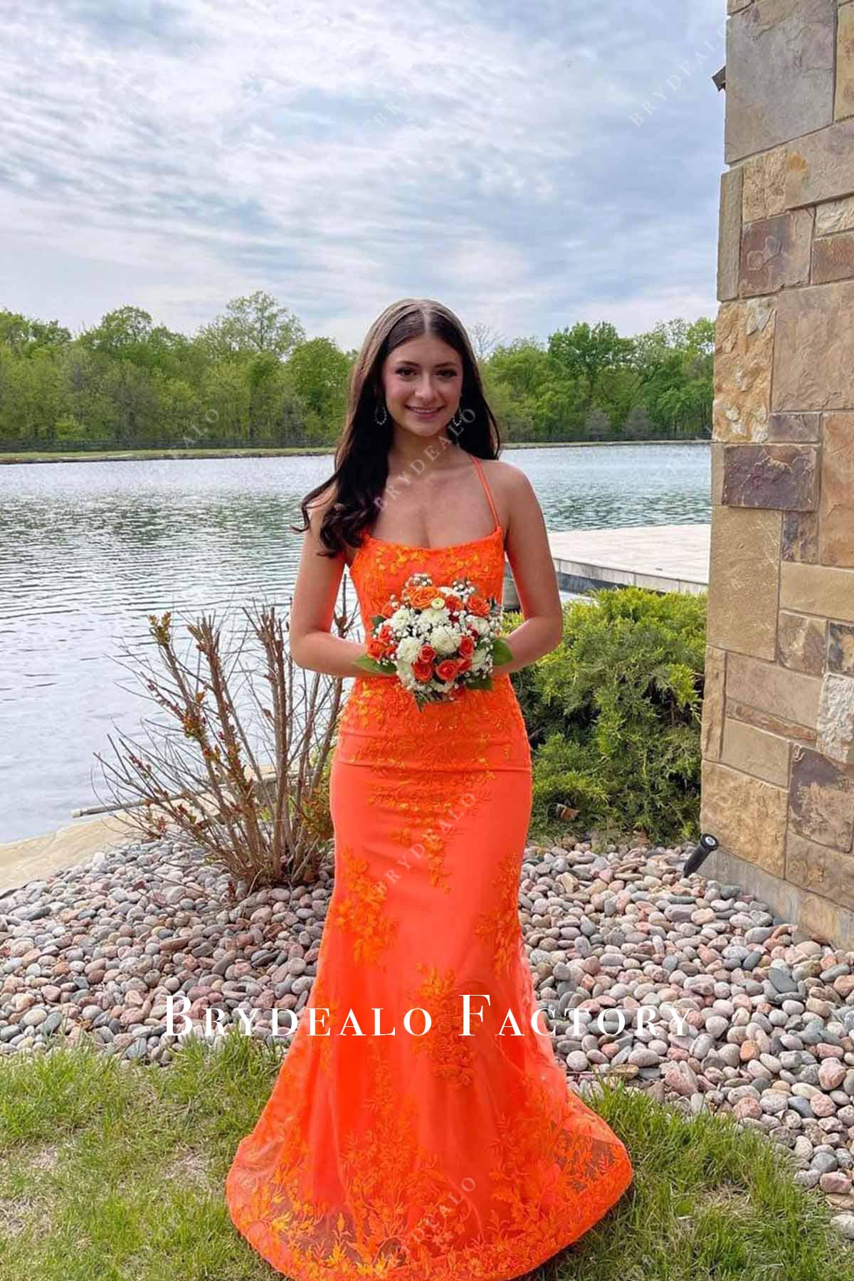orange lace appliques mermaid homecoming dress