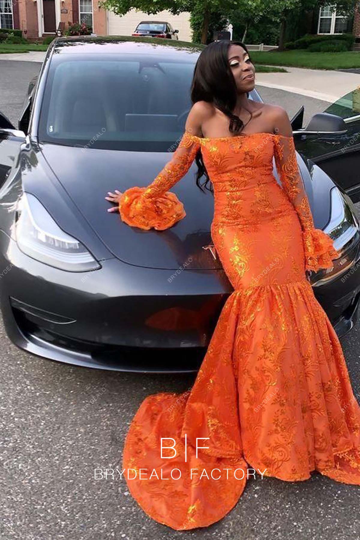 Orange Lace Off The Shoulder Long Sleeves Trumpet Prom Dress