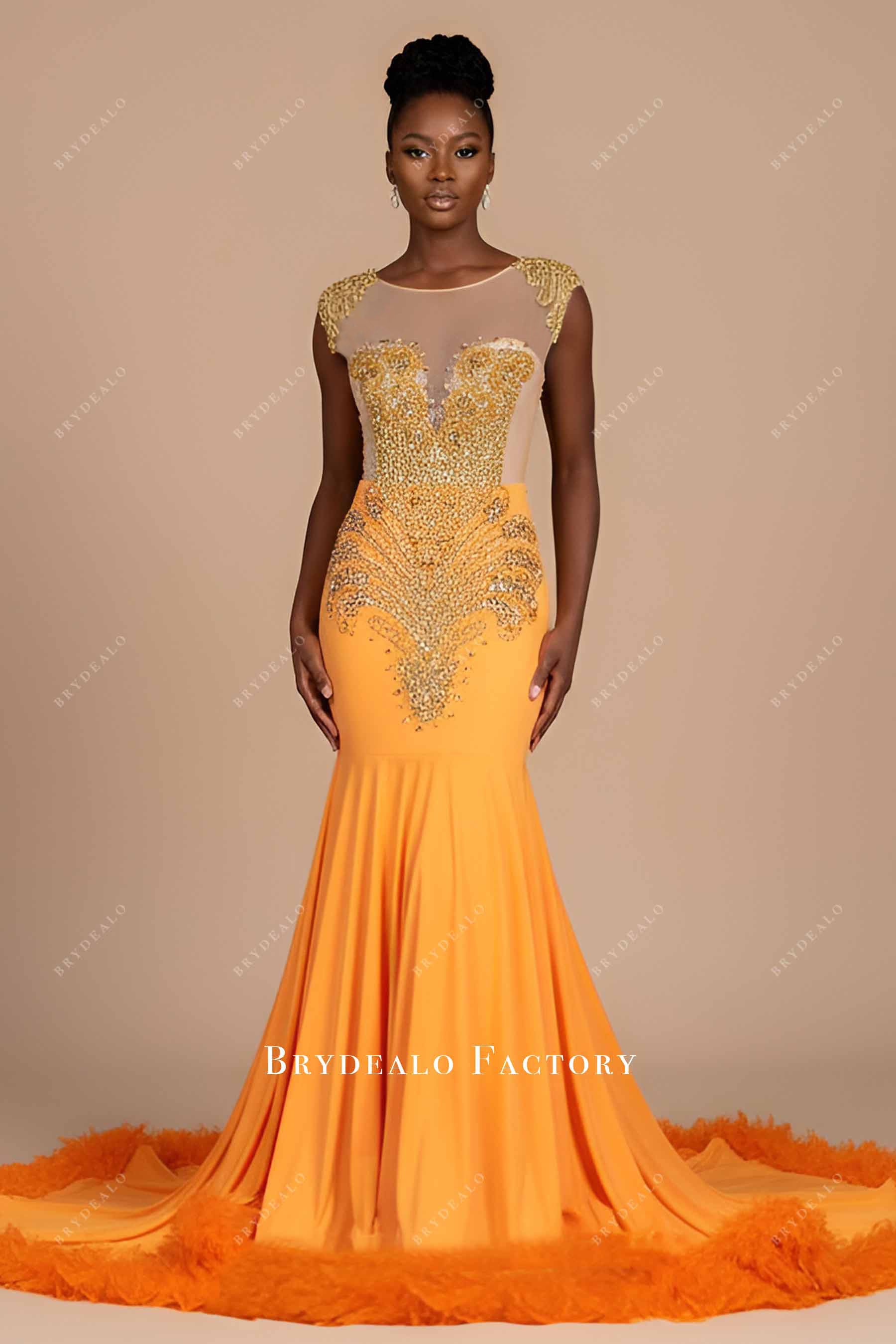 Gold Rhinestone Orange Jersey Feather Long Train Prom Dress Gold Rhinestone Orange Jersey Feather Long Train Prom Dress