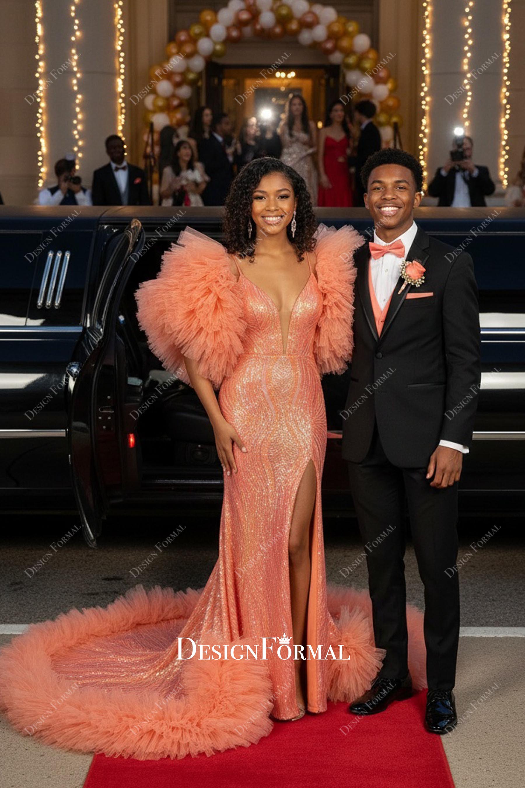 orange ruffled tulle sleeves slit prom dress