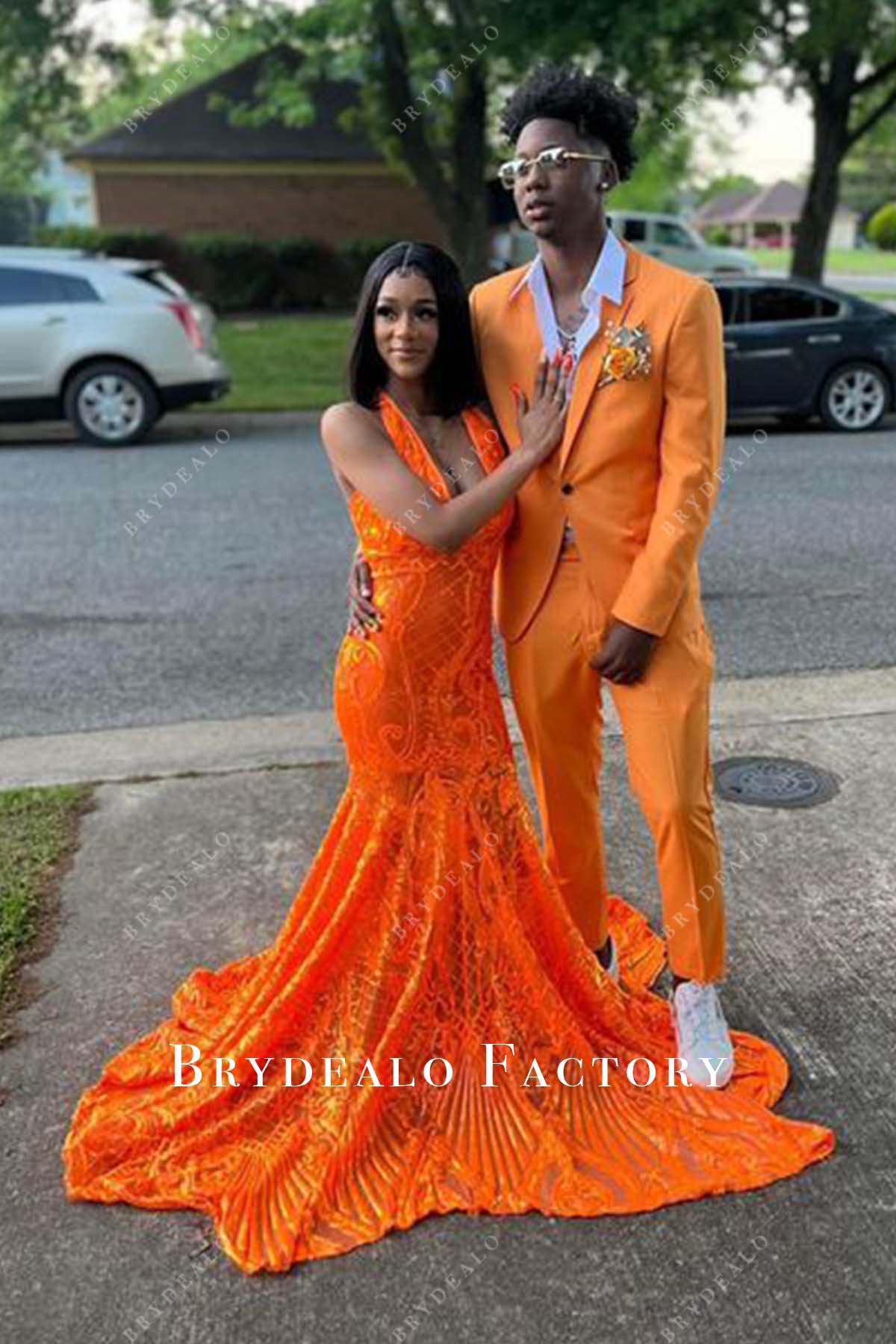 Orange Sequin Plunging Halter Neck Long Train Fishtail Prom Dress Orange Sequin Plunging Halter Neck Long Train Fishtail Prom Dress