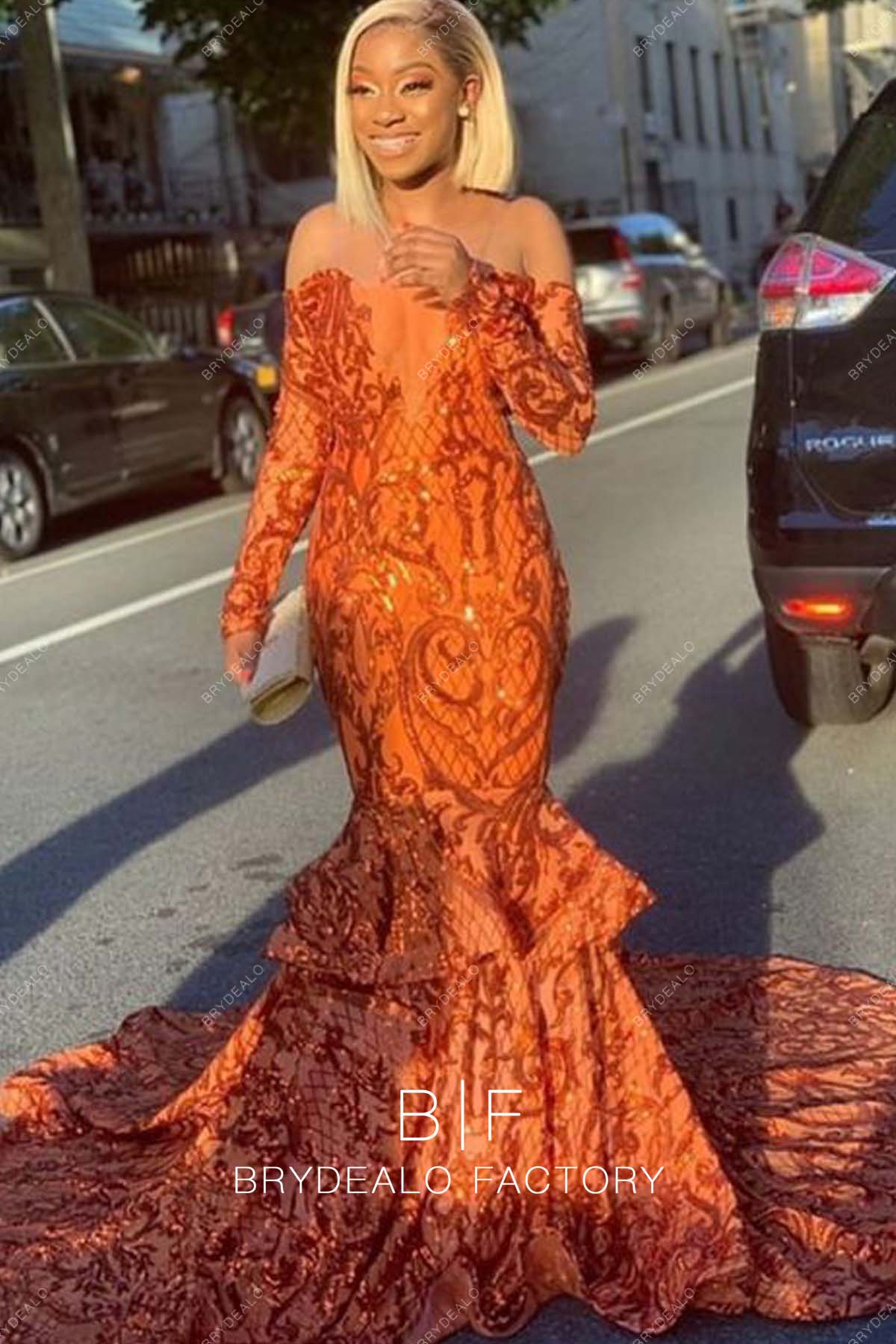 Orange Sequin Off Shoulder Long Sleeve Trumpet Prom Dress
