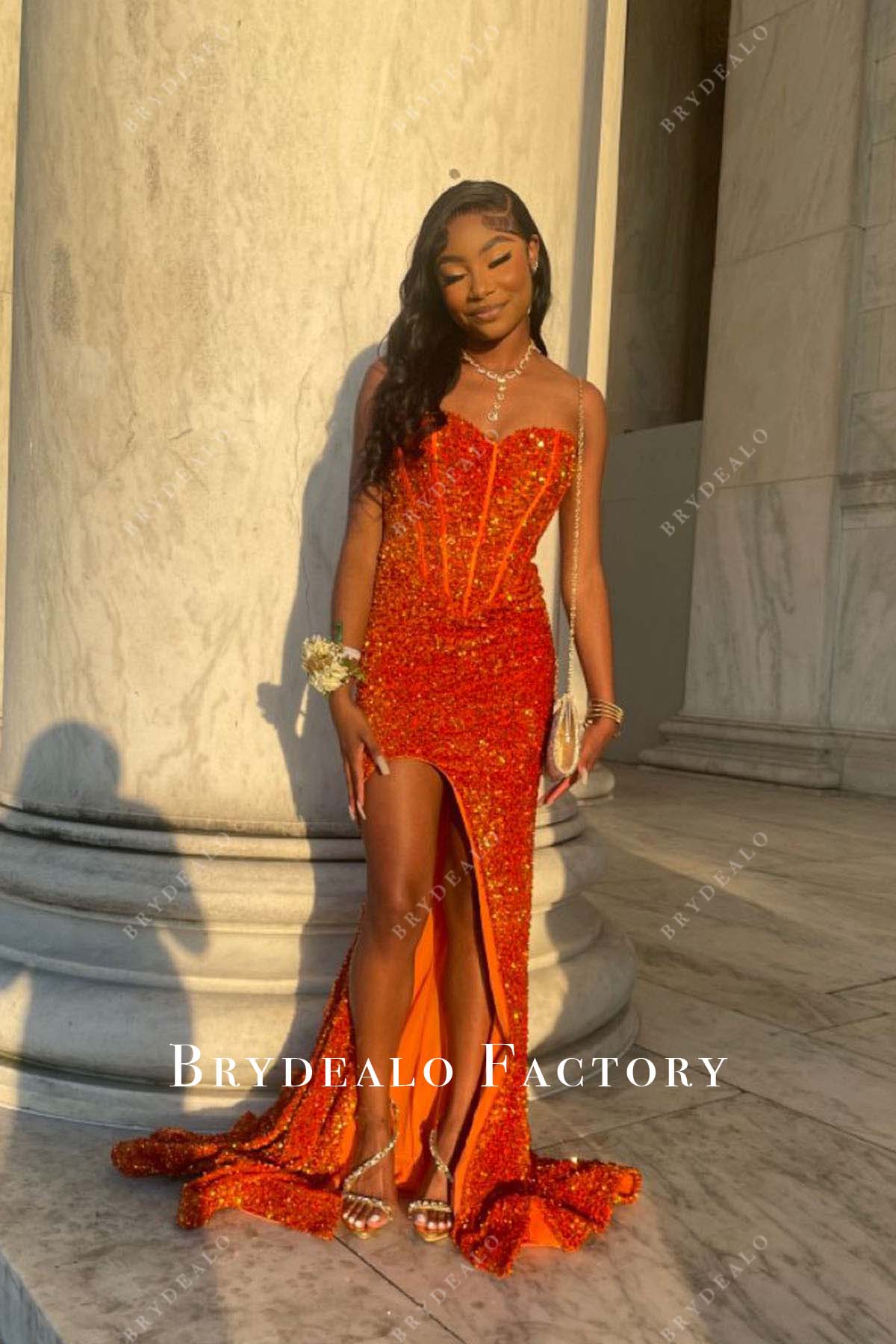 Orange Sequined Strapless Sweetheart Neck Slit Prom Dress Orange Sequined Strapless Sweetheart Neck Slit Prom Dress