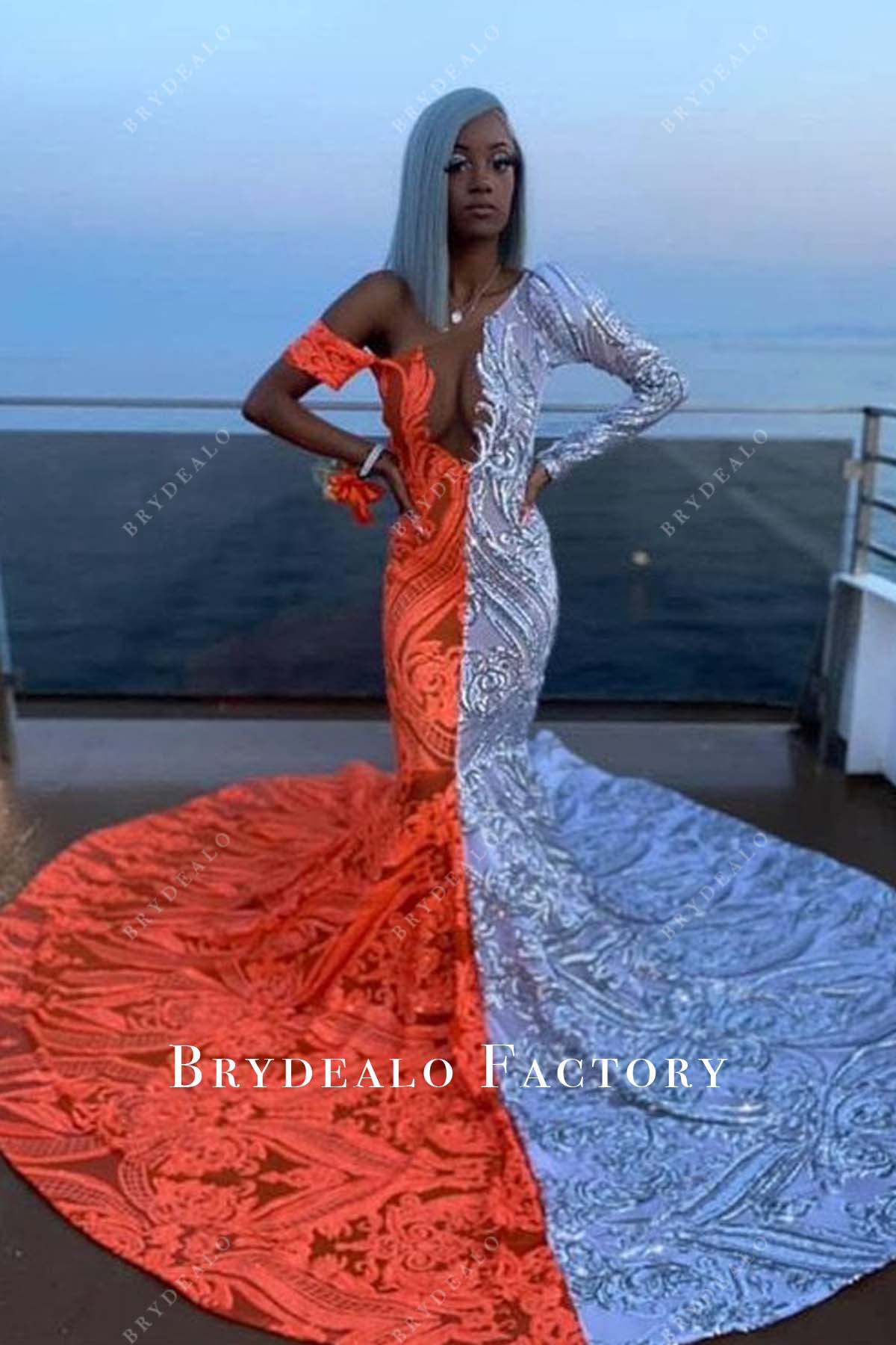 Unique Sequin Split Color Mermaid Long Train Orange Silver Prom Dress Unique Sequin Split Color Mermaid Long Train Orange Silver Prom Dress
