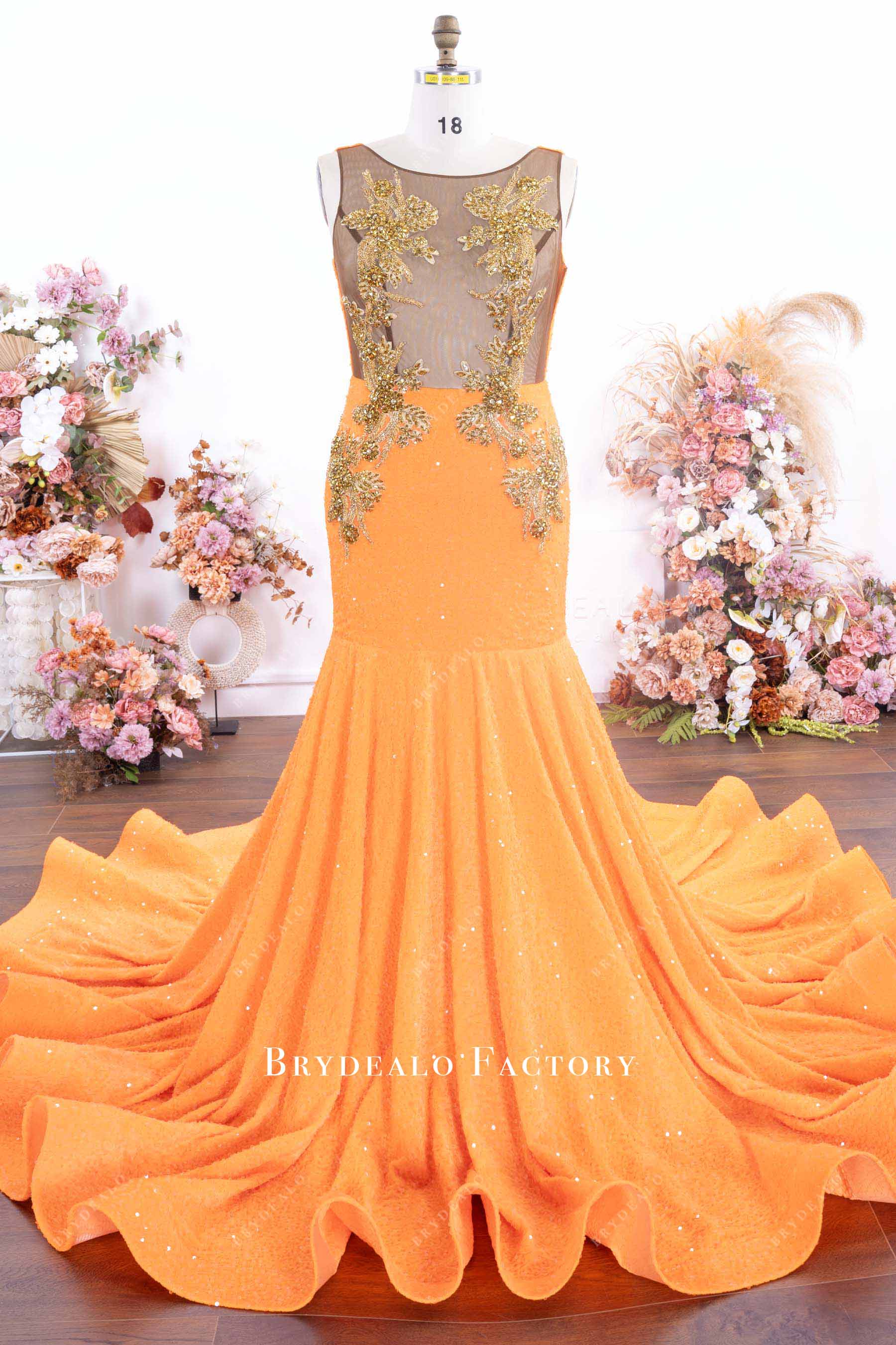 orange prom dress mermaid Rhinestones Illusion Neck Orange Sequin Trumpet Prom Gown