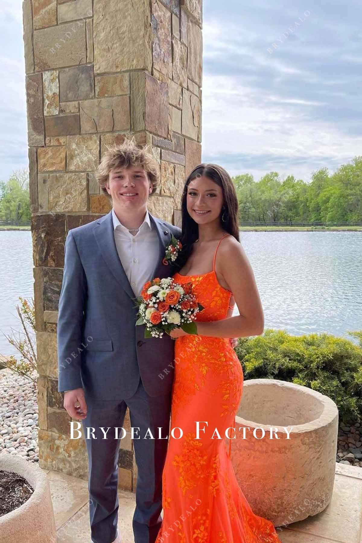 orange thin straps mermaid homecoming dress