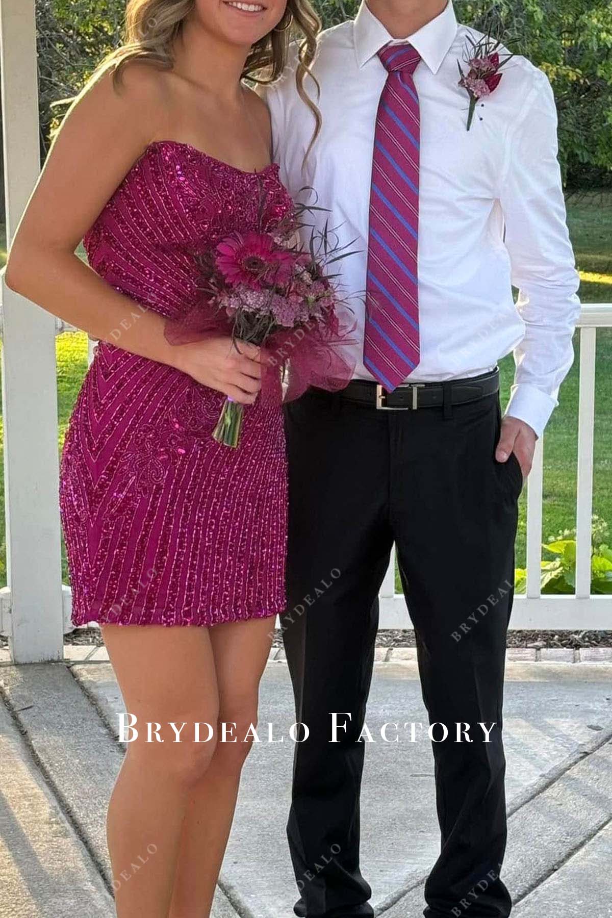 orchid beaded strapless homecoming dress