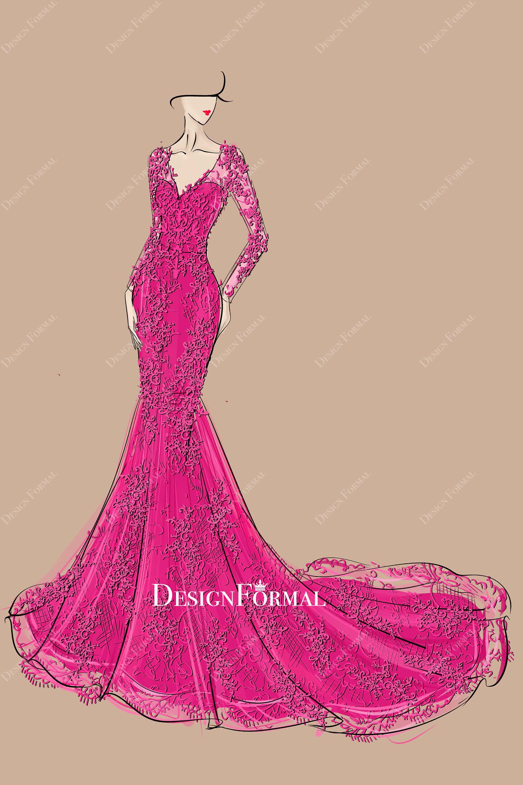 Orchid Lace Sheer Long Sleeve Mermaid Prom Dress Sketch, Sketch to Dress Consulting Orchid Lace Sheer Long Sleeve Mermaid Prom Dress Sketch, Sketch to Dress Consulting