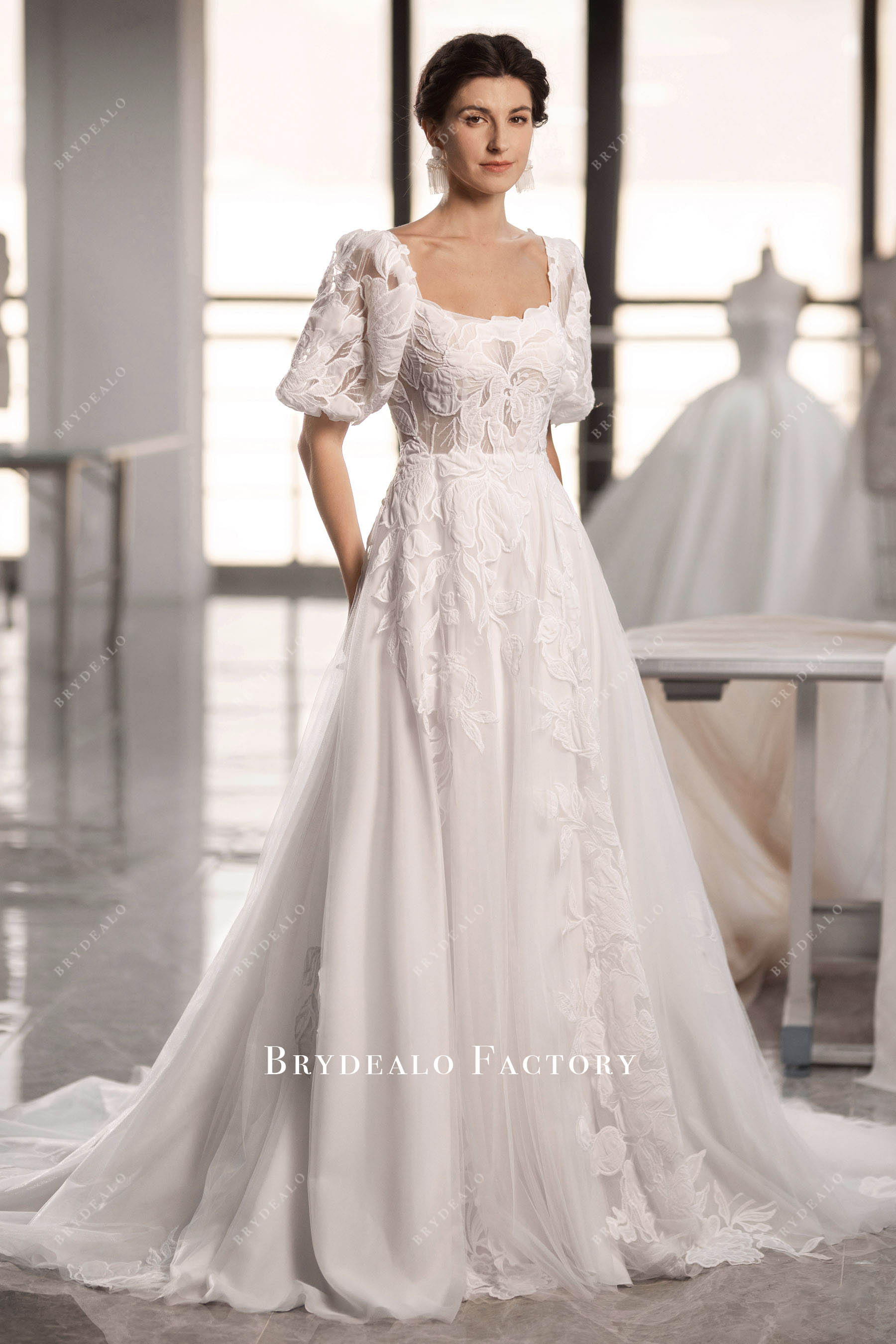 Designer Lace Half Sleeve Soop Neck Destination Wedding Dress