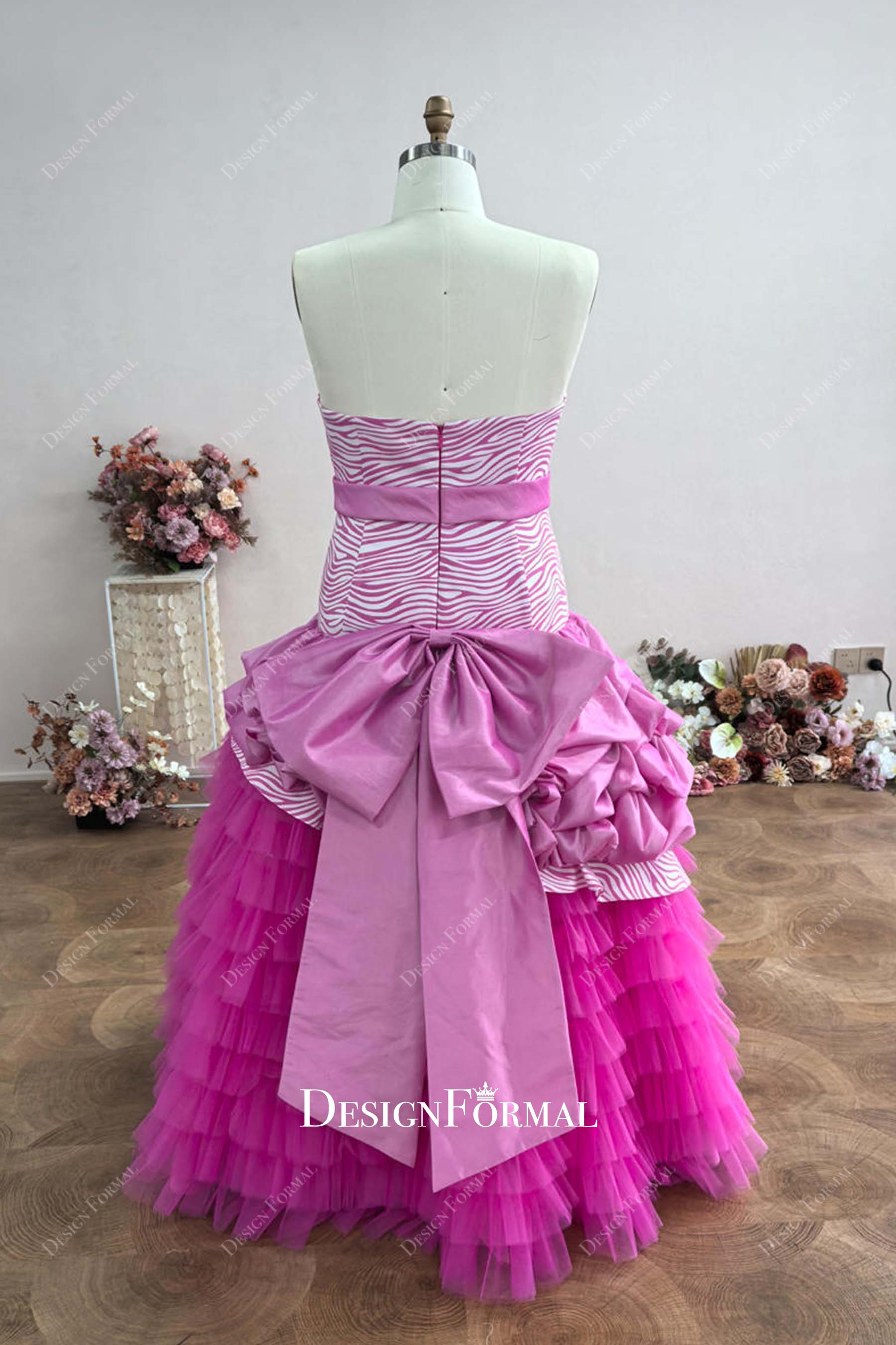 oversized bowknot floor length fuchsia white prom dress