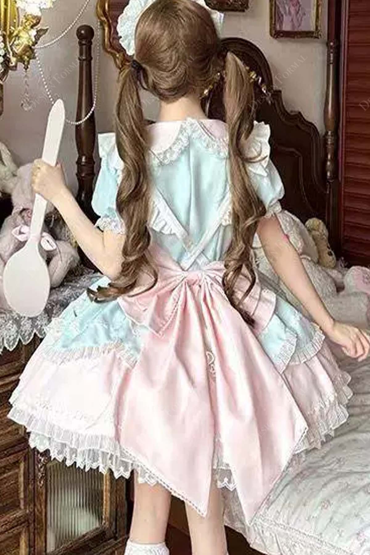 Pink Blue Print Short Sleeves Puffy A-Line Lolita Dress
