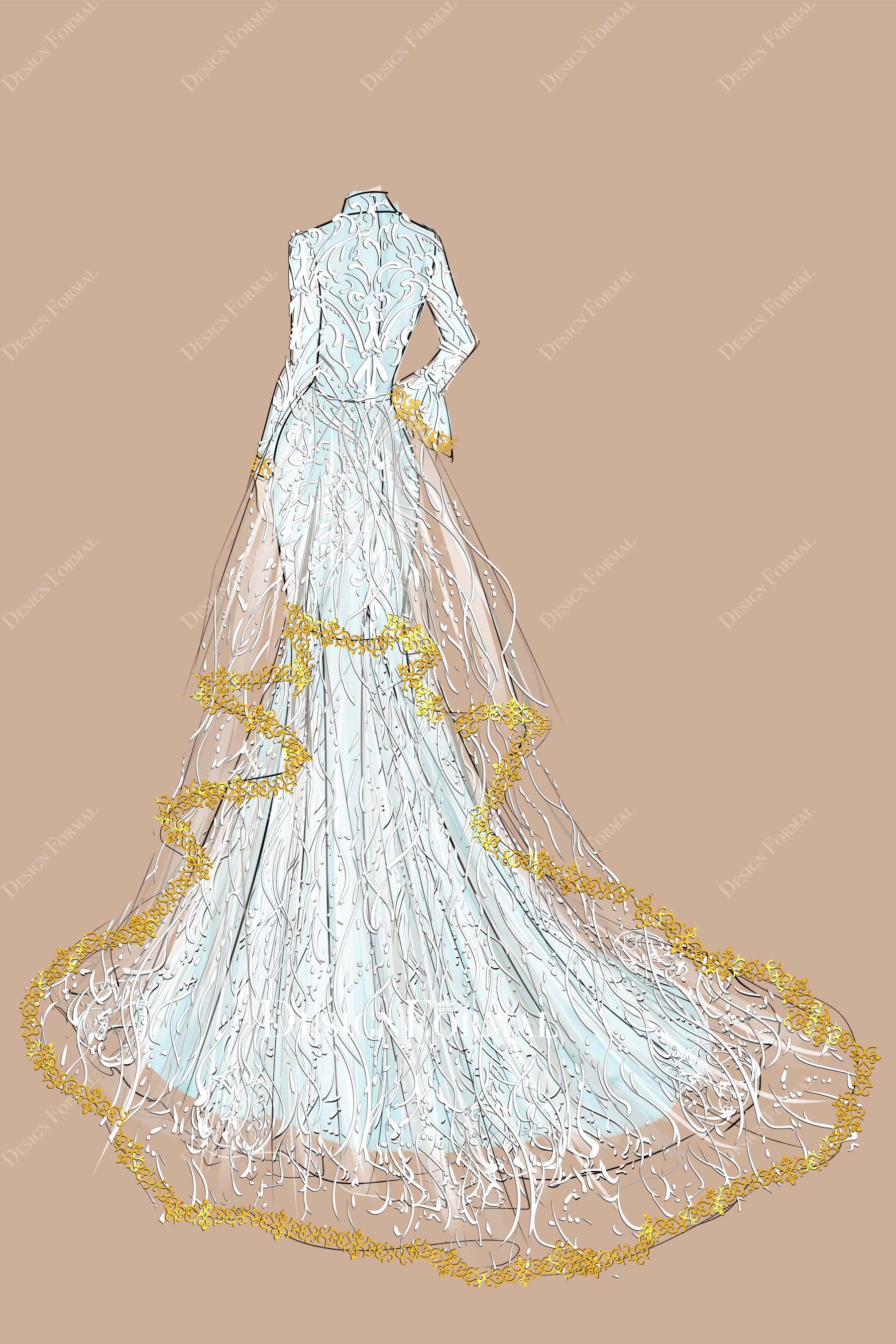 Overskirt Chapel Train Colored Wedding Dress Sketch
