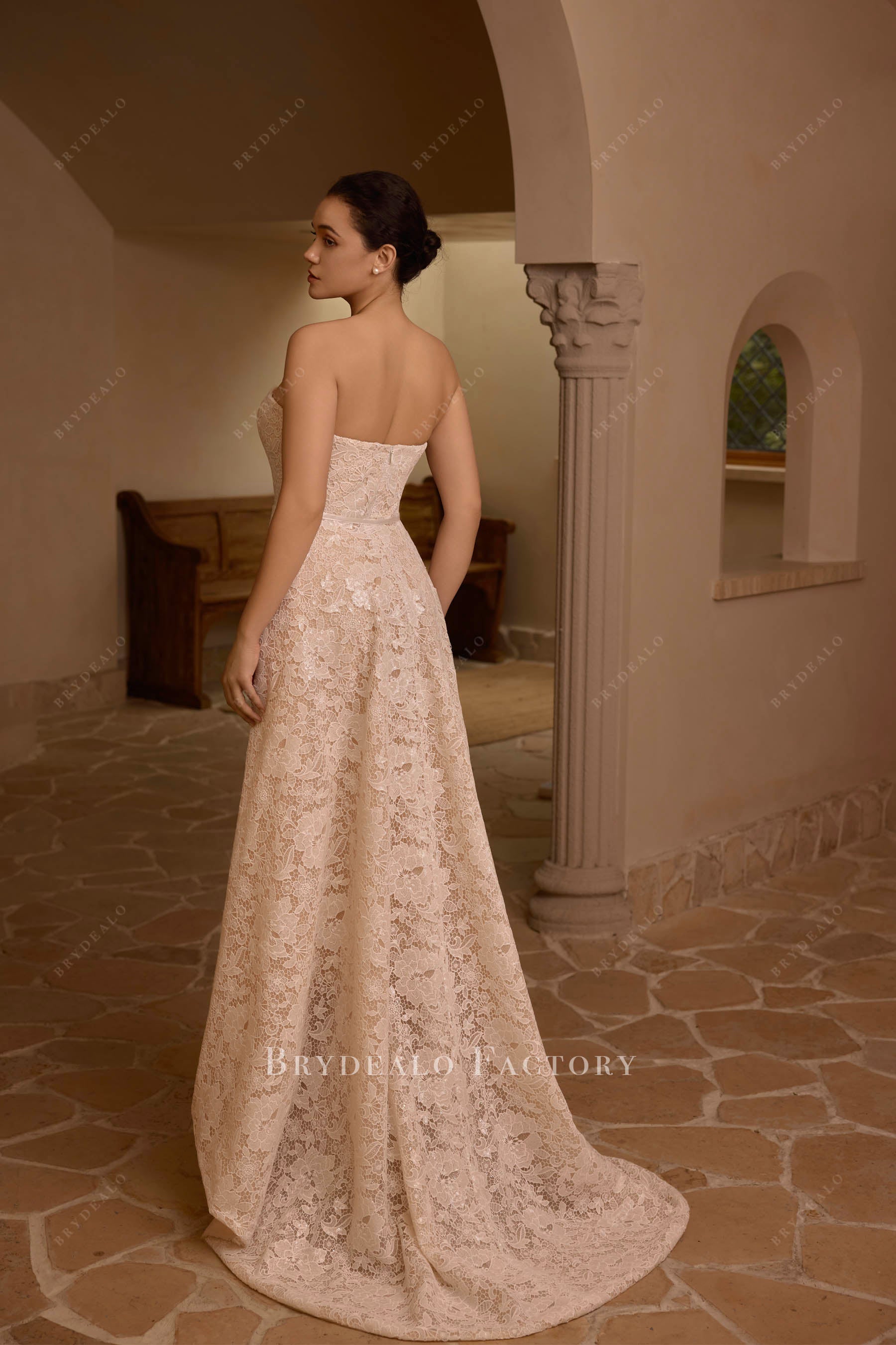 overskirt sweep train lace wedding dress