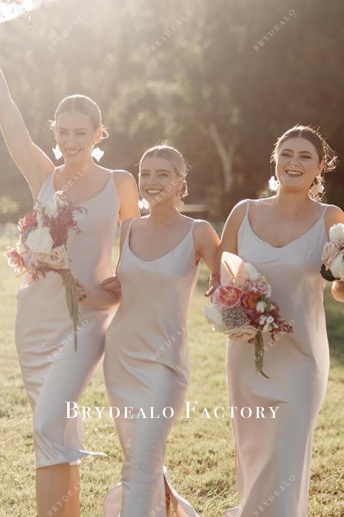 oyster bridesmaid dresses Taupe Spaghetti Straps V-Neck Tea Length Bridesmaid Dress