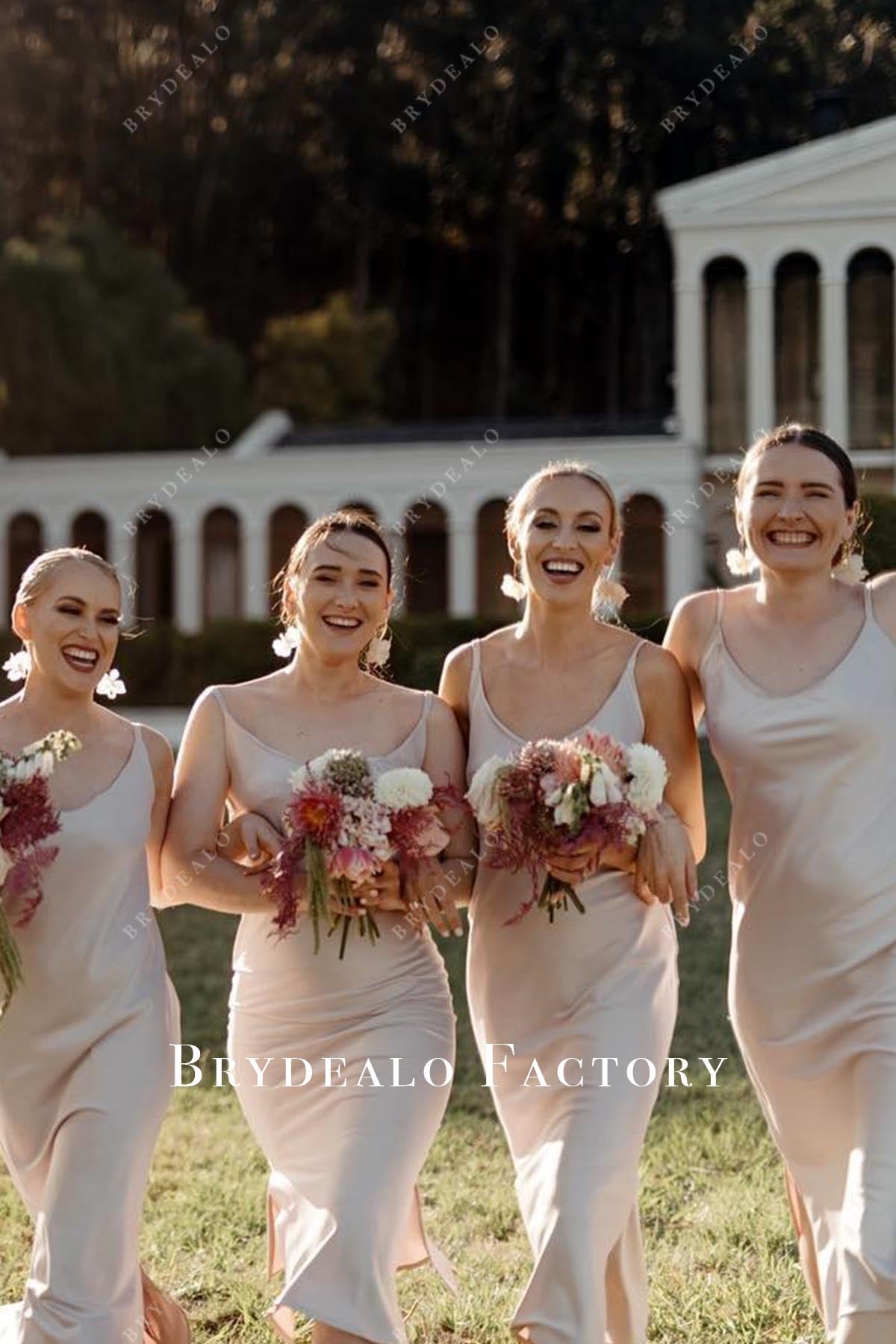 oyster thin straps bridesmaid dress