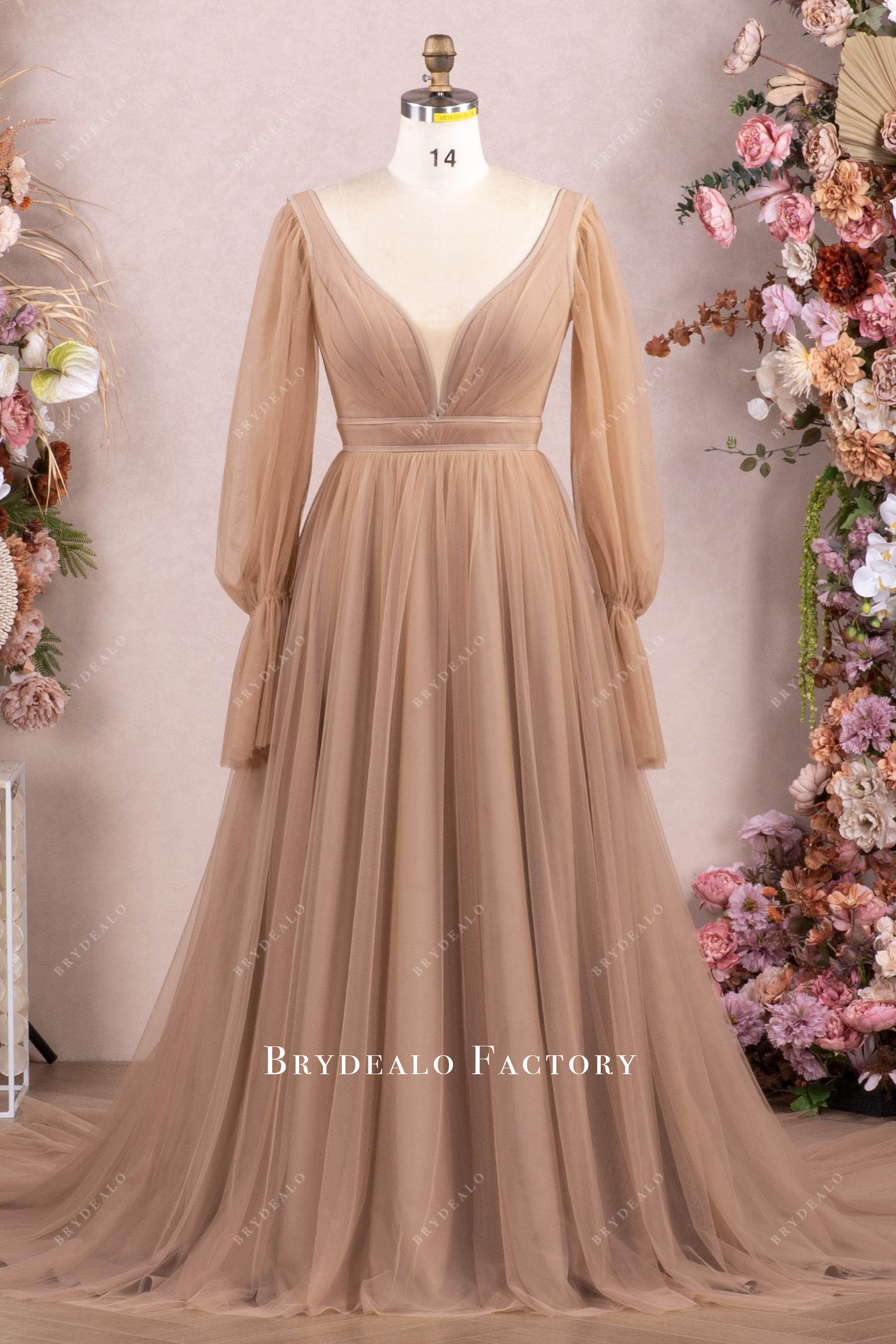 Oyster Tulle Detachable Sleeves A-Line Wedding Dress, Neck & Armhole With Ribbon / Oyster
