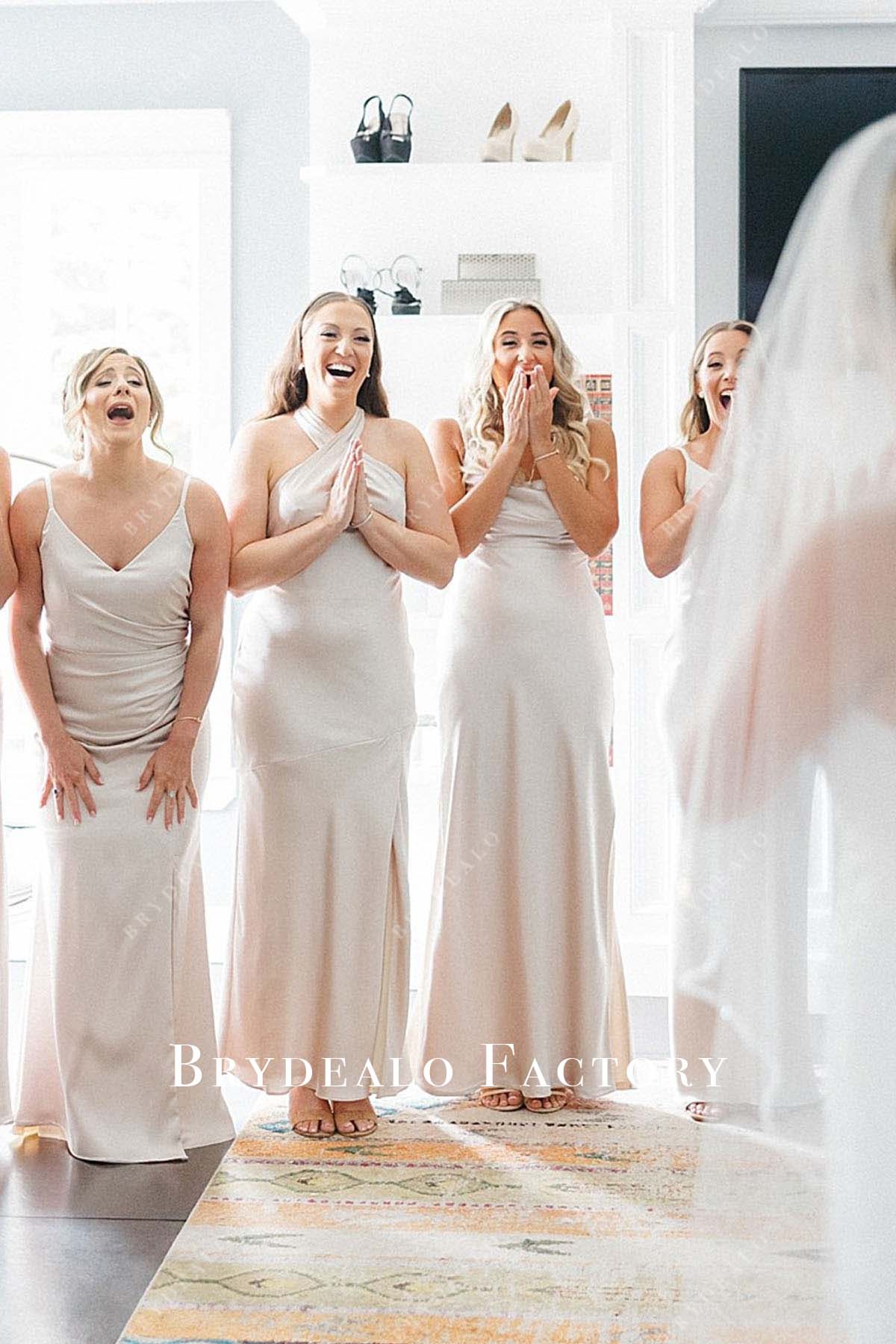 pale wheat halter mismatched bridesmaid dresses