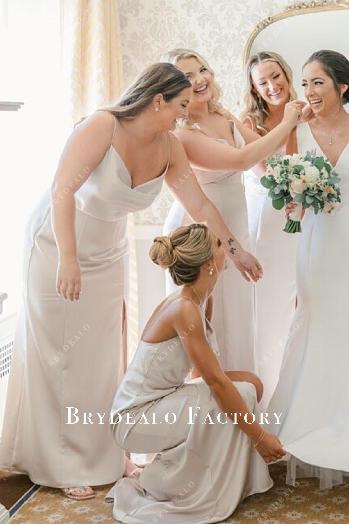 Pale Wheat Cowl Neck Slit Mermaid Bridesmaid Dress