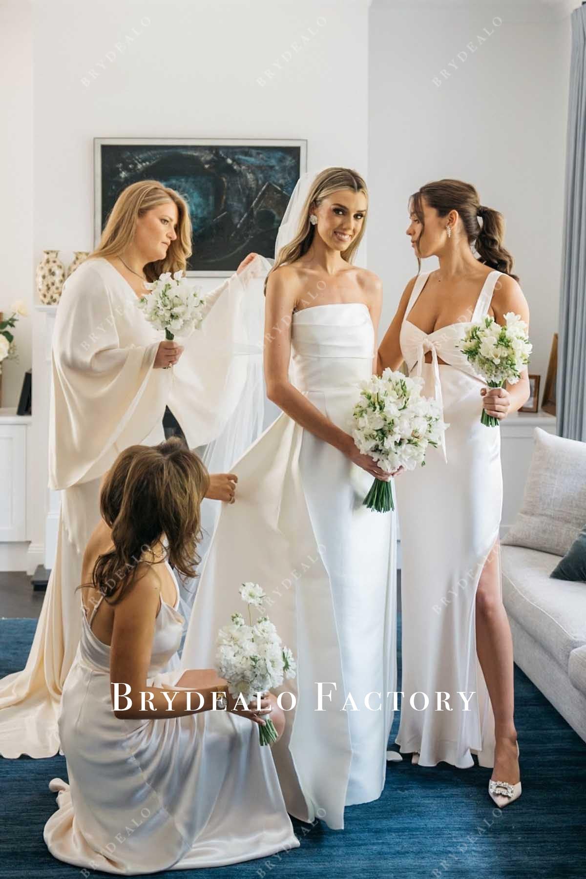 pale wheat satin mismatched bridesmaid dresses