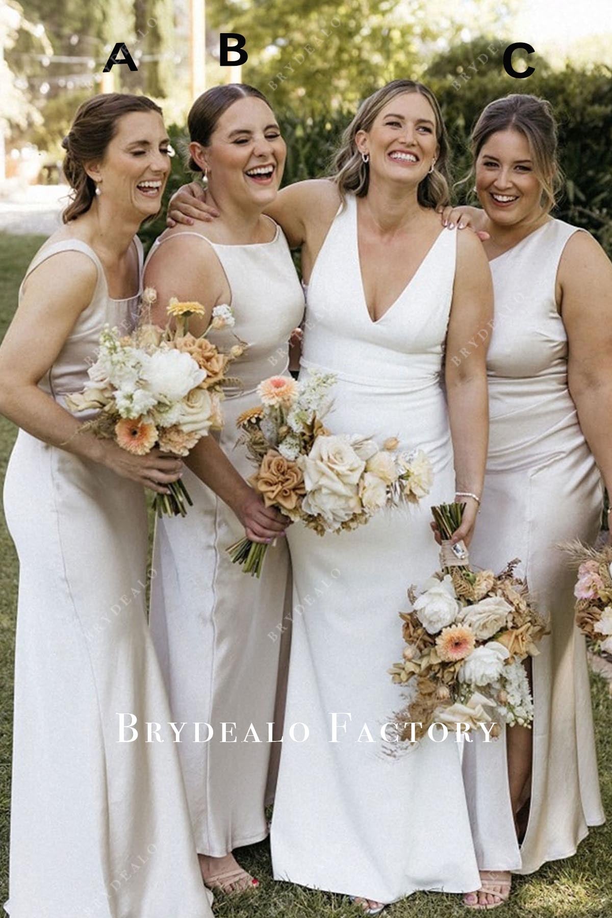 pale wheat sleeveless mismatched bridesmaid dresses