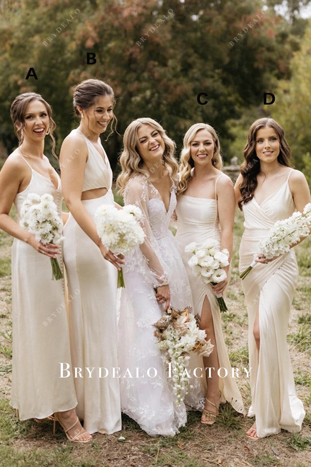 Pale Wheat Sleeveless Long Mismatched Bridesmaid Dresses, Dress C