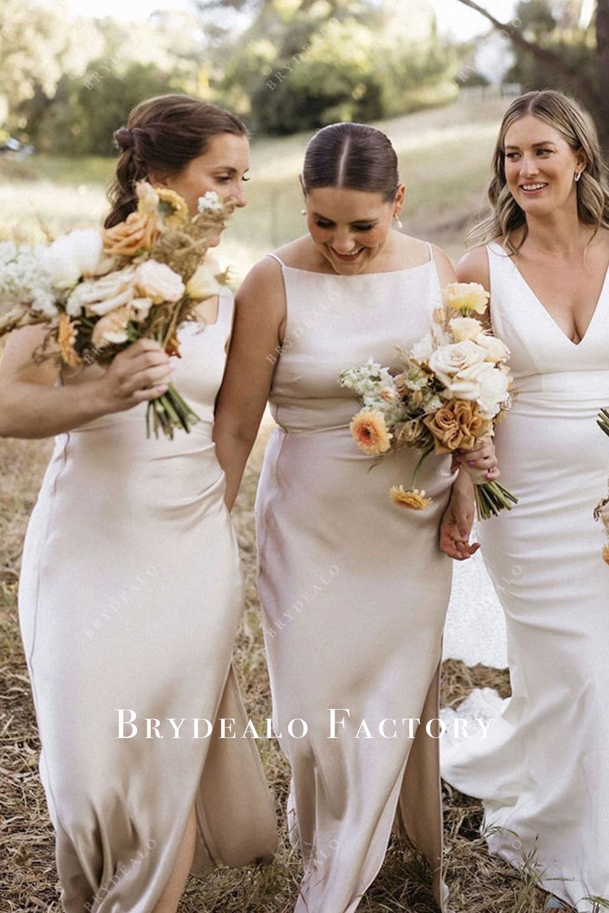 pale wheat slit mismatched bridesmaid dresses