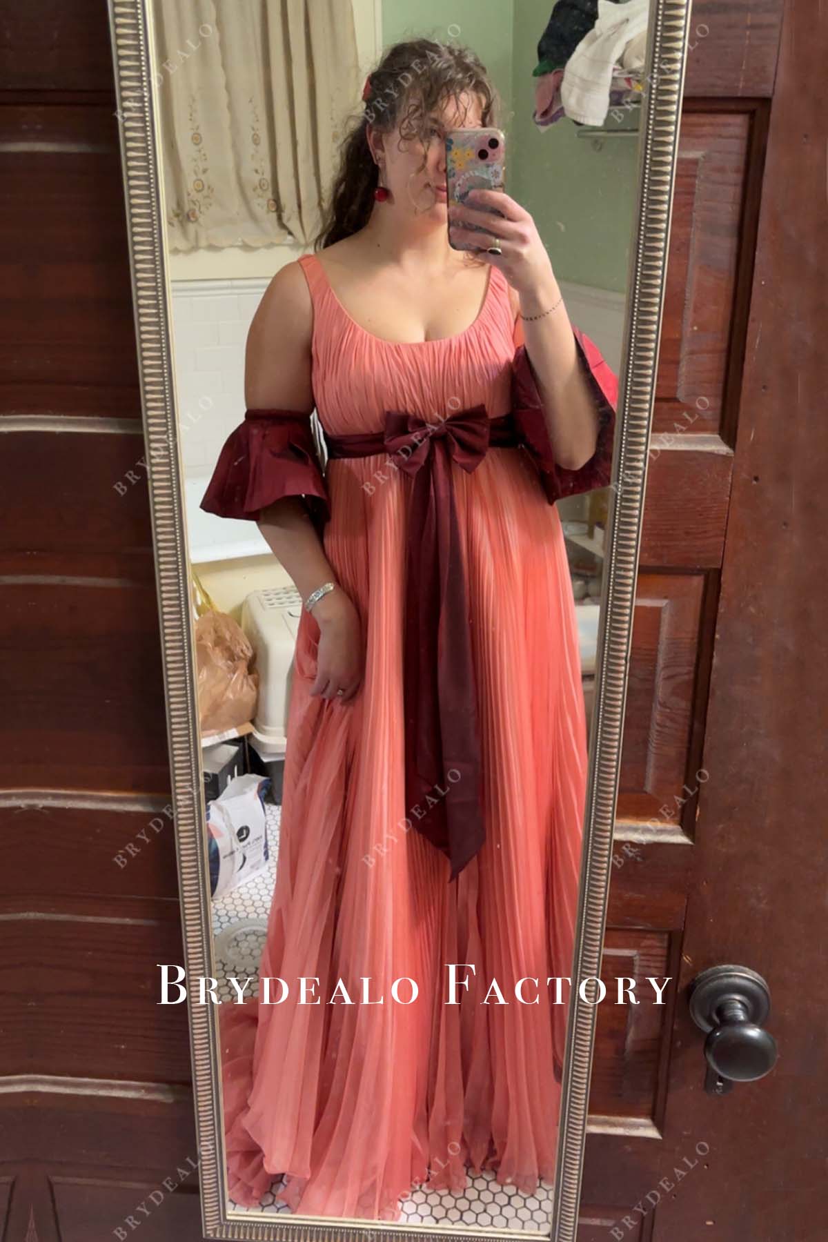 Peach Chiffon Scoop Neck Cabernet Bowknot Wedding Guest Evening Dress Peach Chiffon Scoop Neck Cabernet Bowknot Wedding Guest Evening Dress