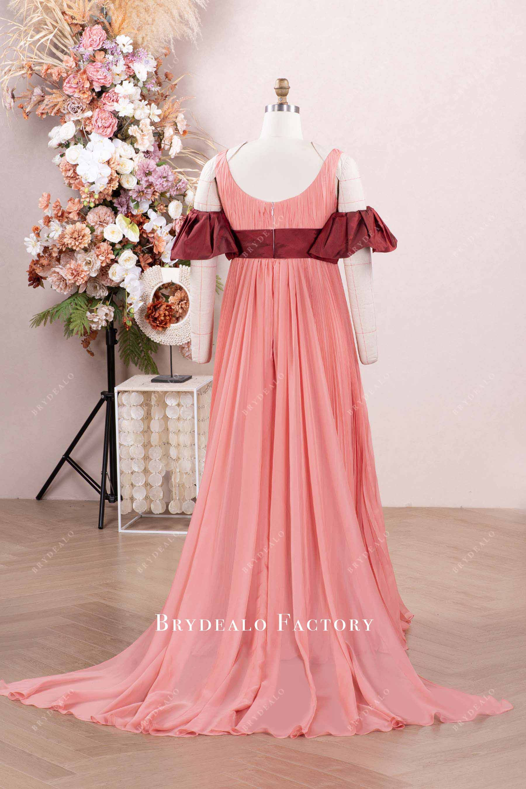 peach chiffon panel train formal dress