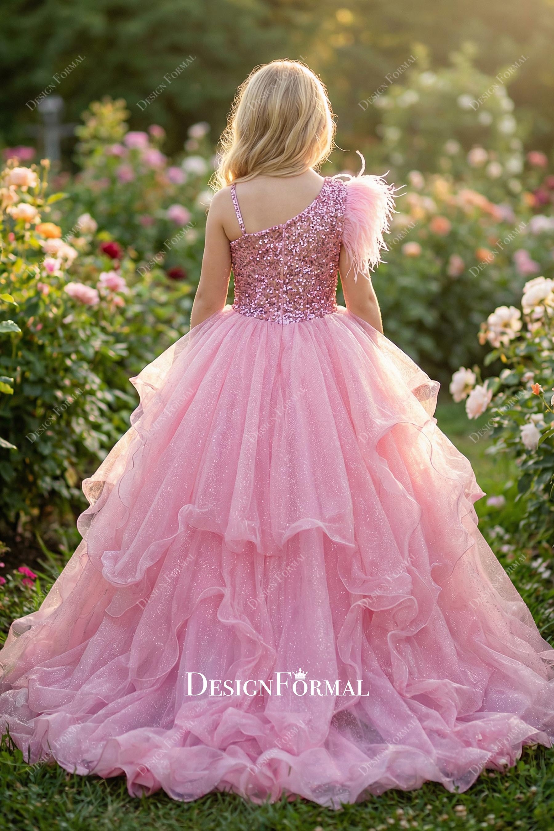 peach feathered a line pageant ballgown