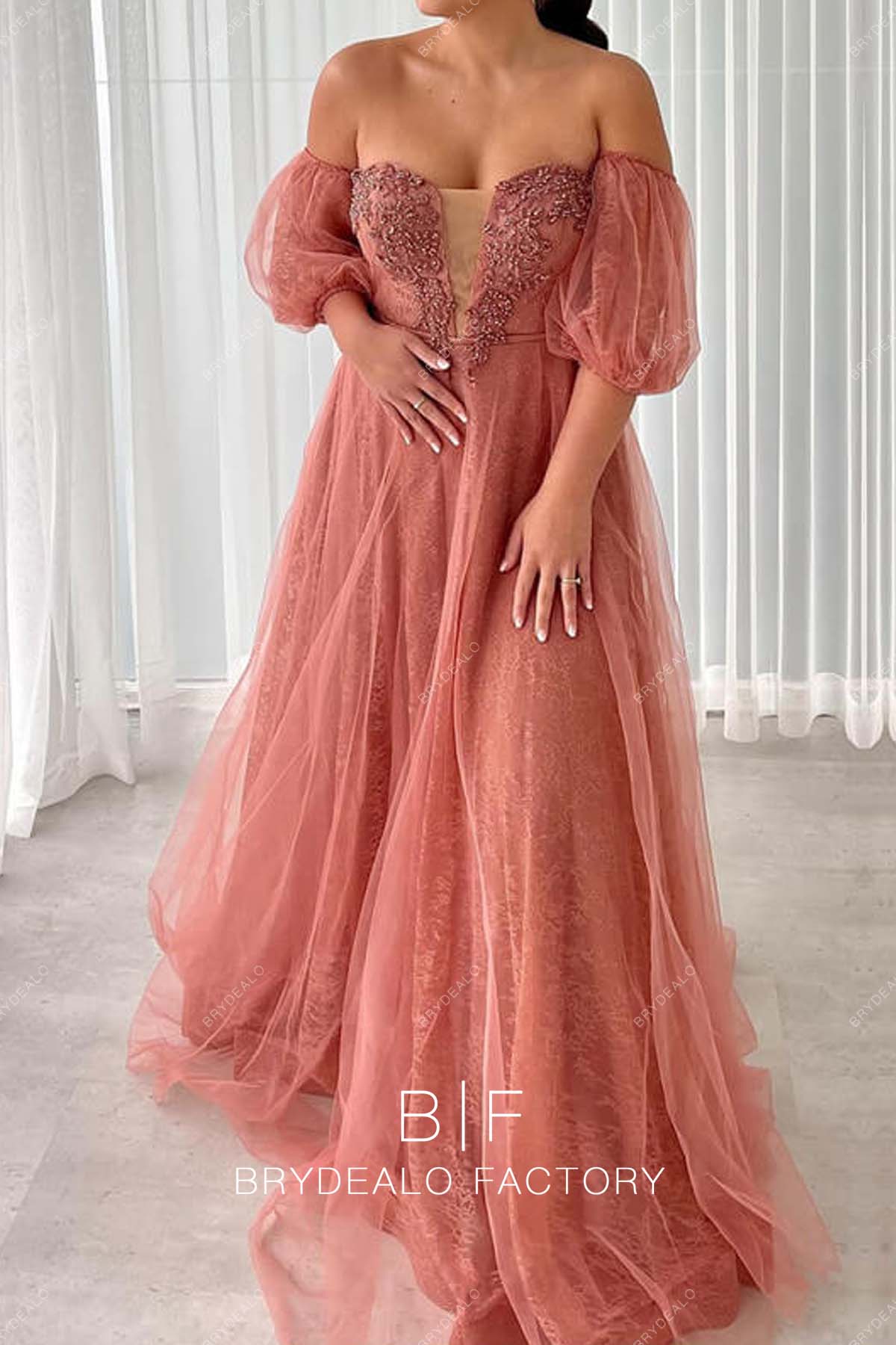 Peach Lace Off Shoulder Plunging Long Prom Formal Dress Peach Lace Off Shoulder Plunging Long Prom Formal Dress