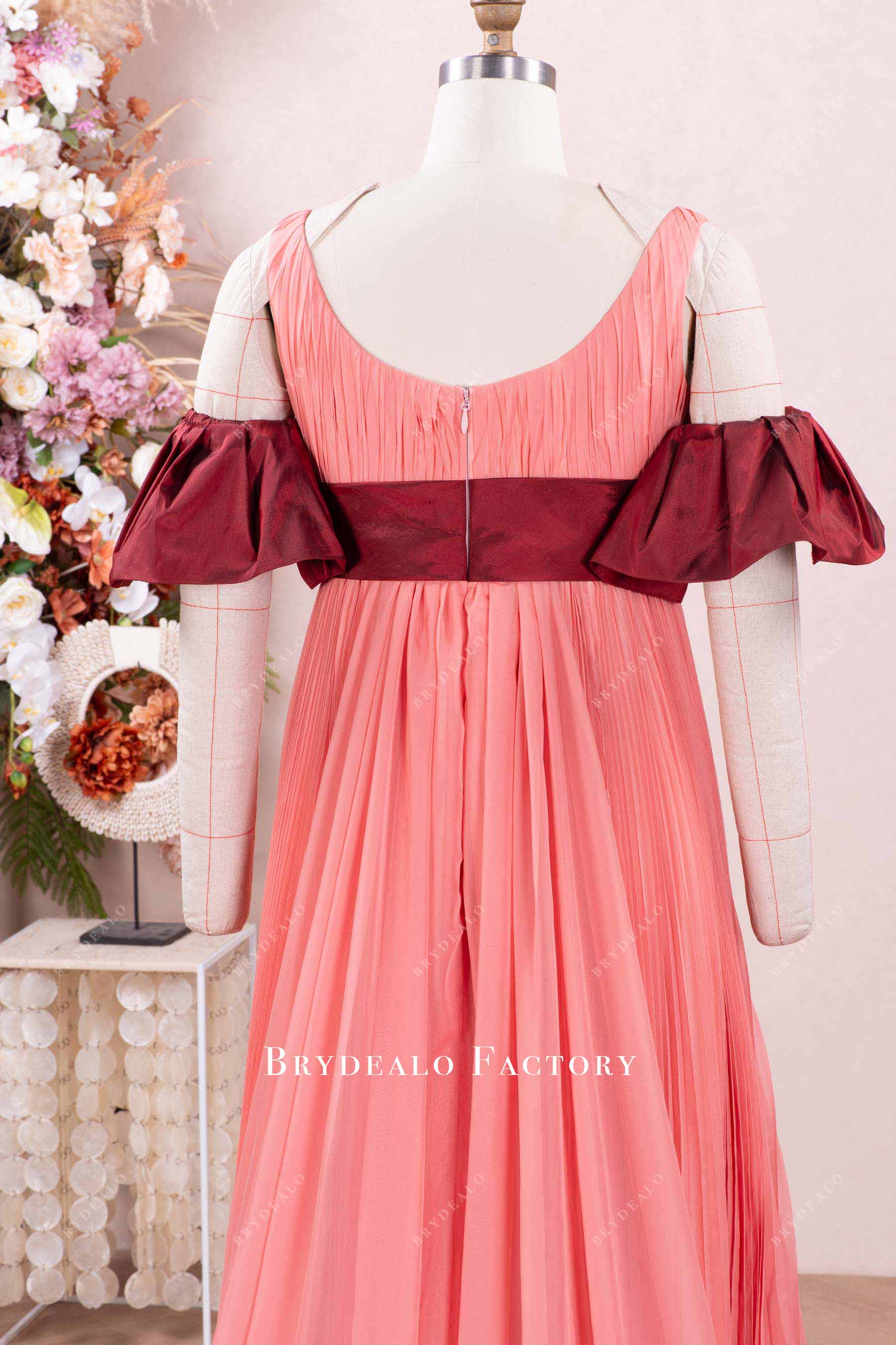 peach off shoulder sleeves formal dress