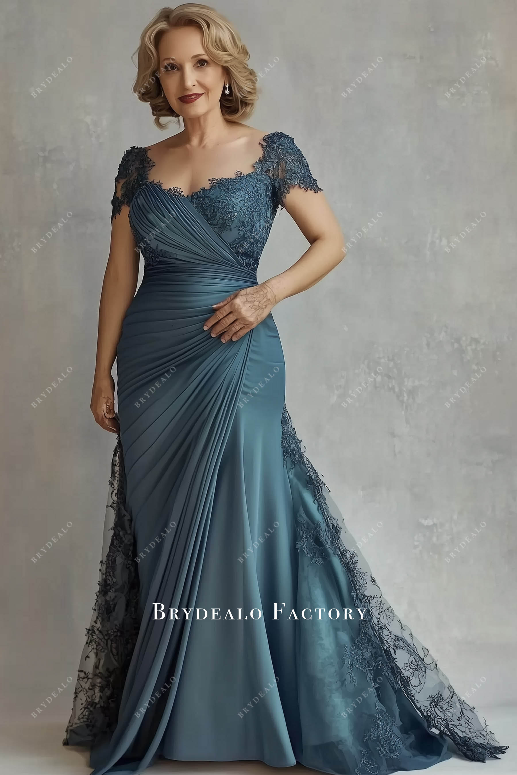 Peacock Lace Cap Sleeves Pleated Mermaid Mother of Bride Dress Peacock Lace Cap Sleeves Pleated Mermaid Mother of Bride Dress