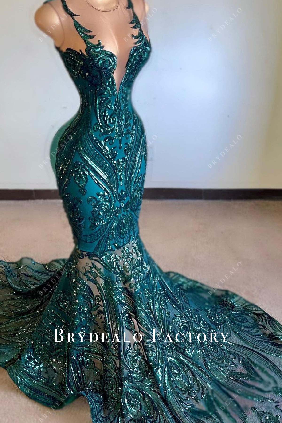 peacock sequined trumpet long train prom dress
