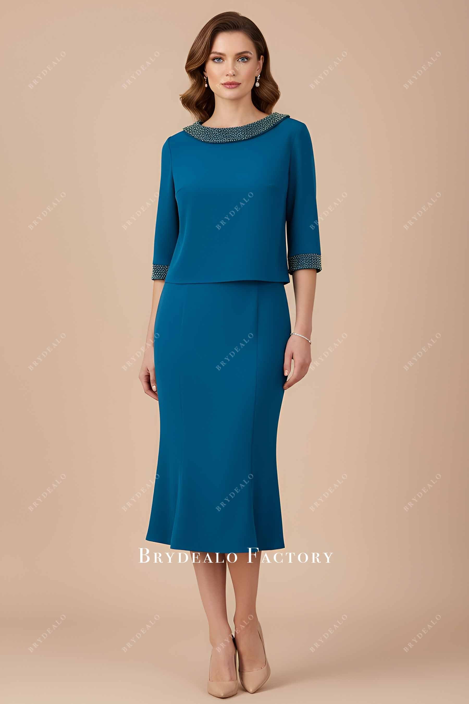 Elegant Peacock Satin Two-Piece Midi Mother Of Bride Dress