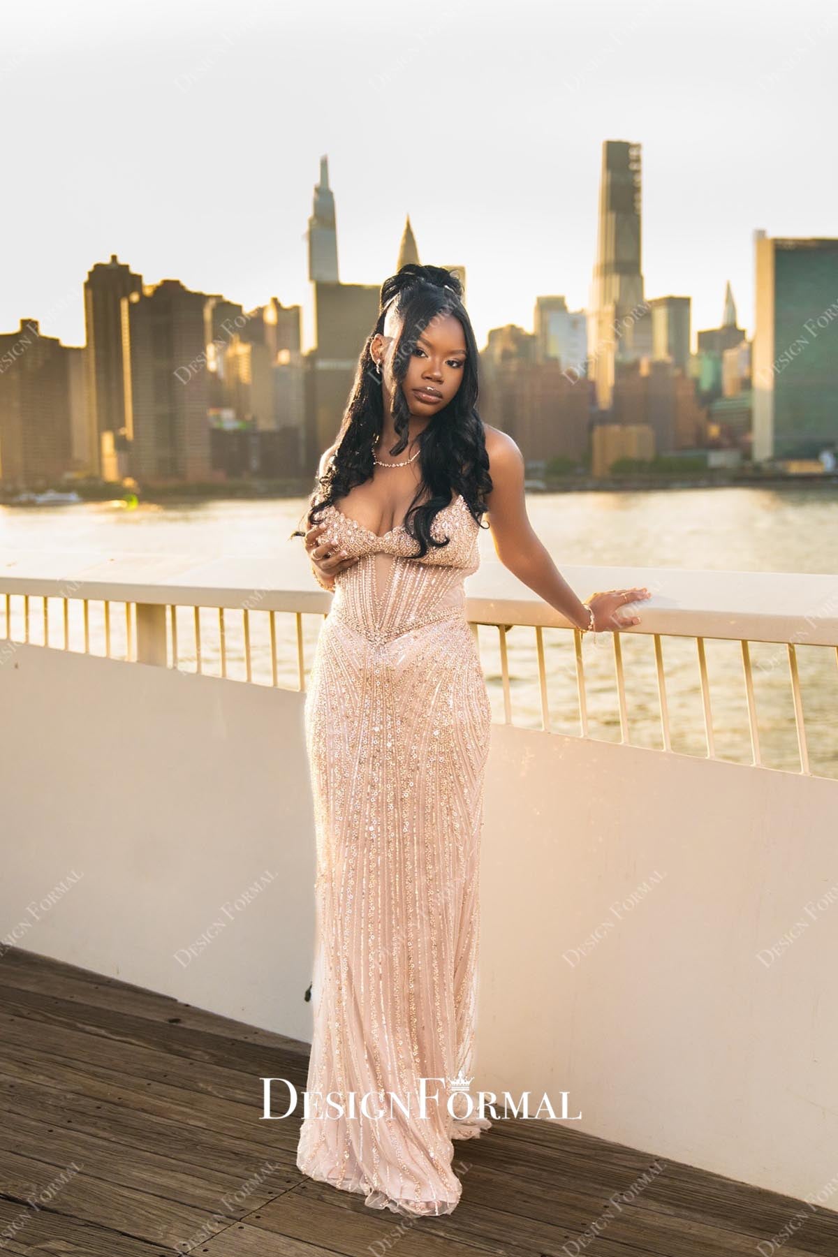 pearl pink sequin strapless prom dress