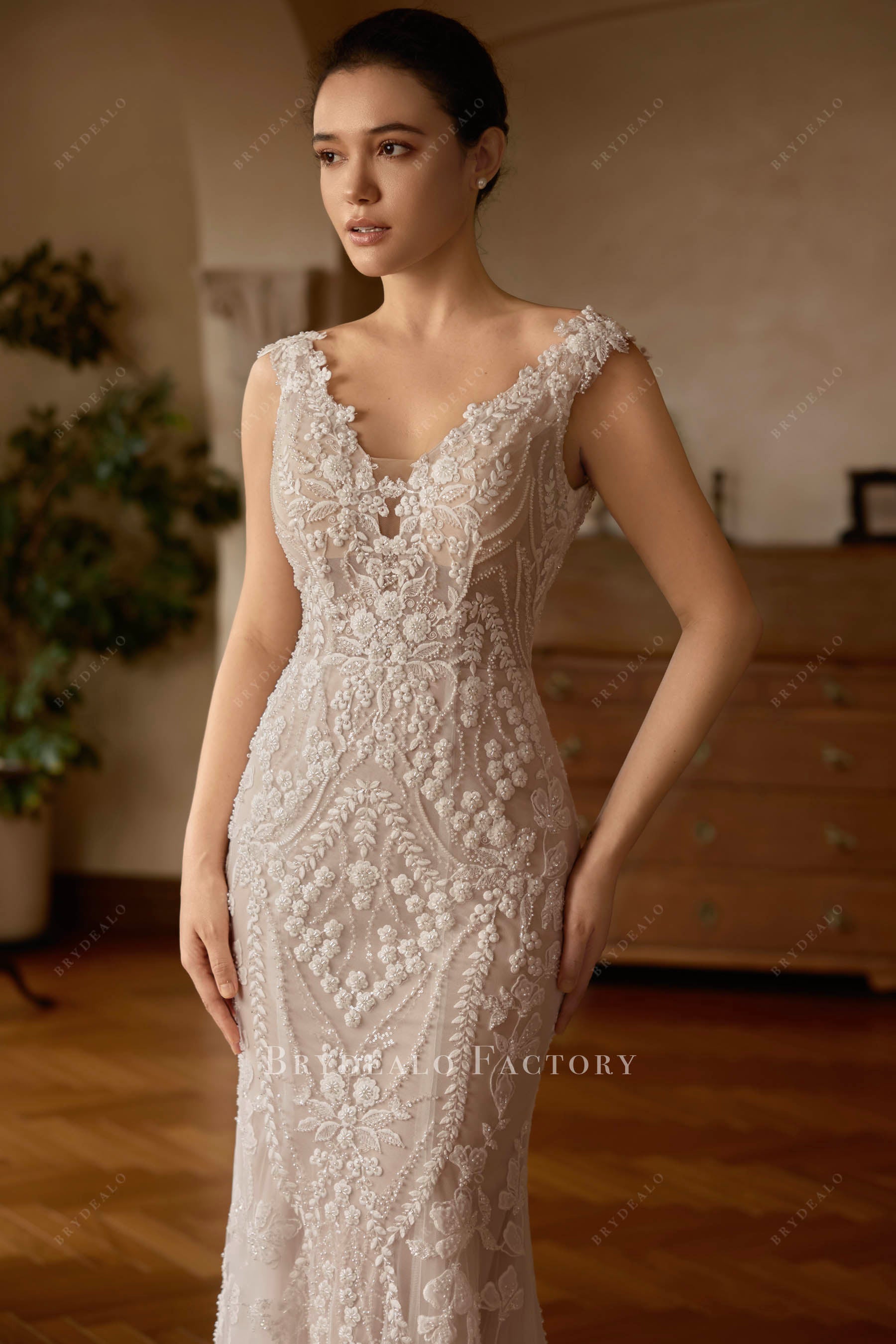 pearls v neck wedding dress