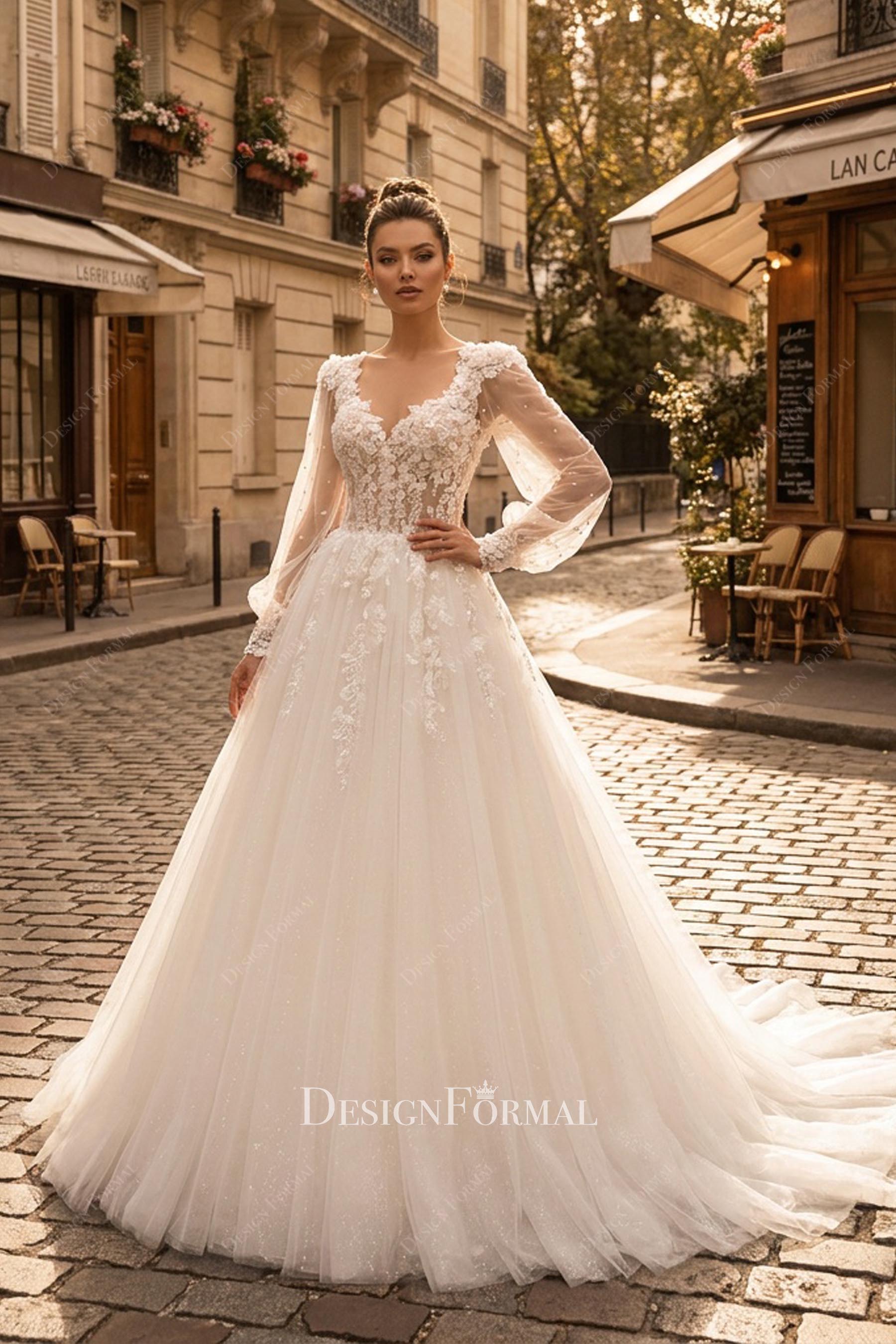 pearls sleeved lace wedding dress