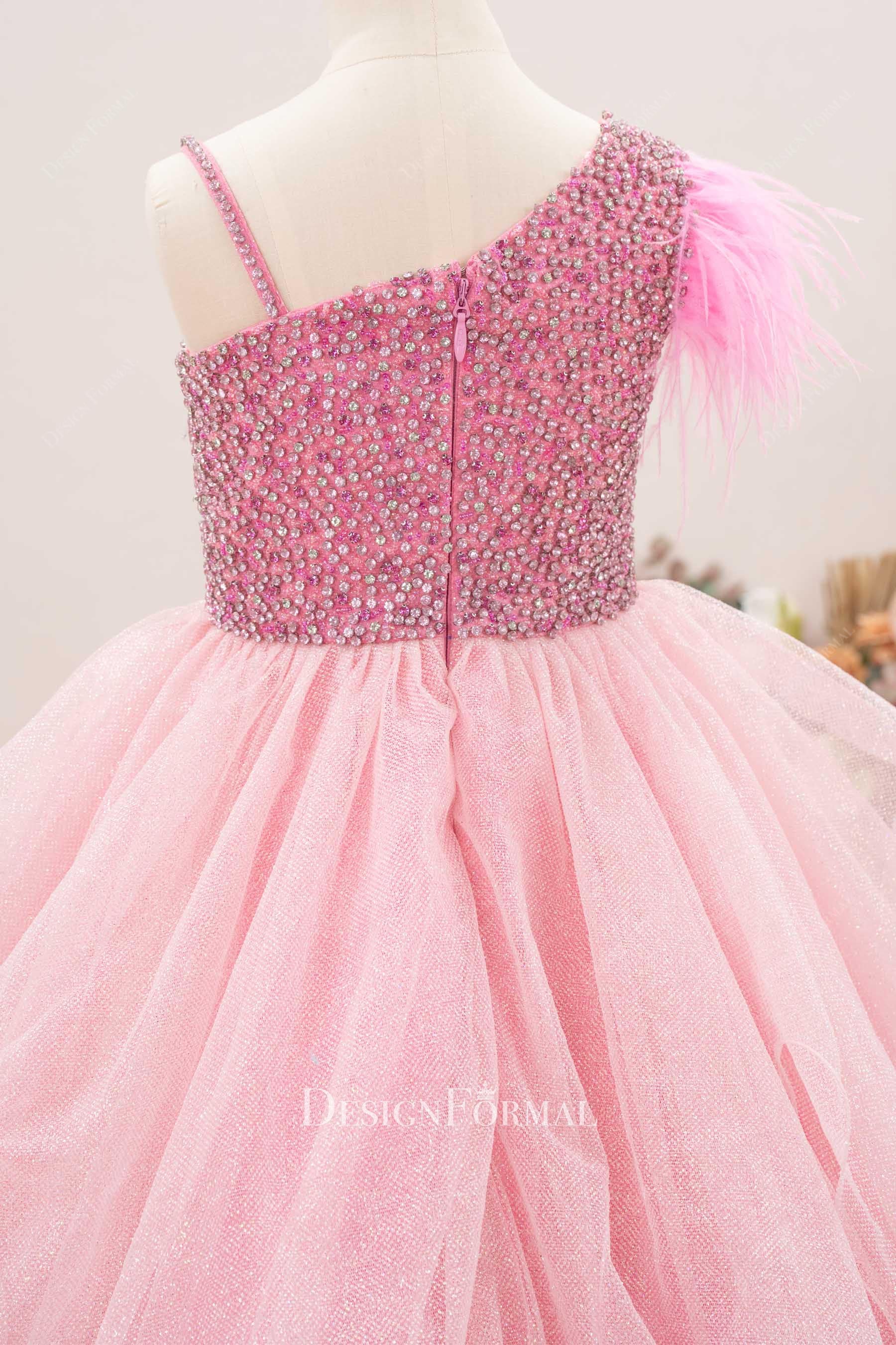 pink asymmetrical back a line pageant gown