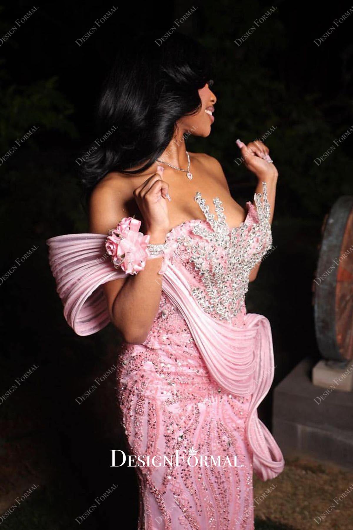 pink asymmetrical sculpture prom dress