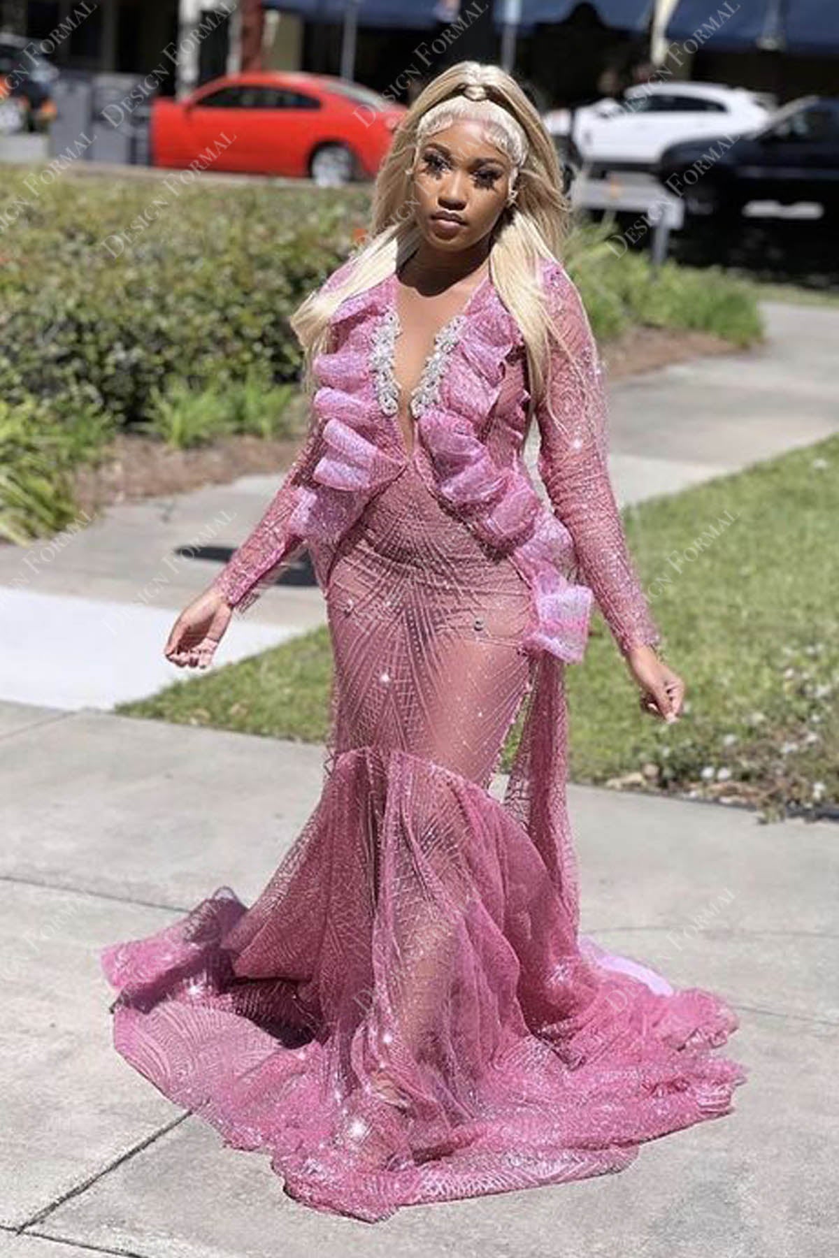 Pink Glitter Ruffled Sheer Mermaid Designer Prom Dress