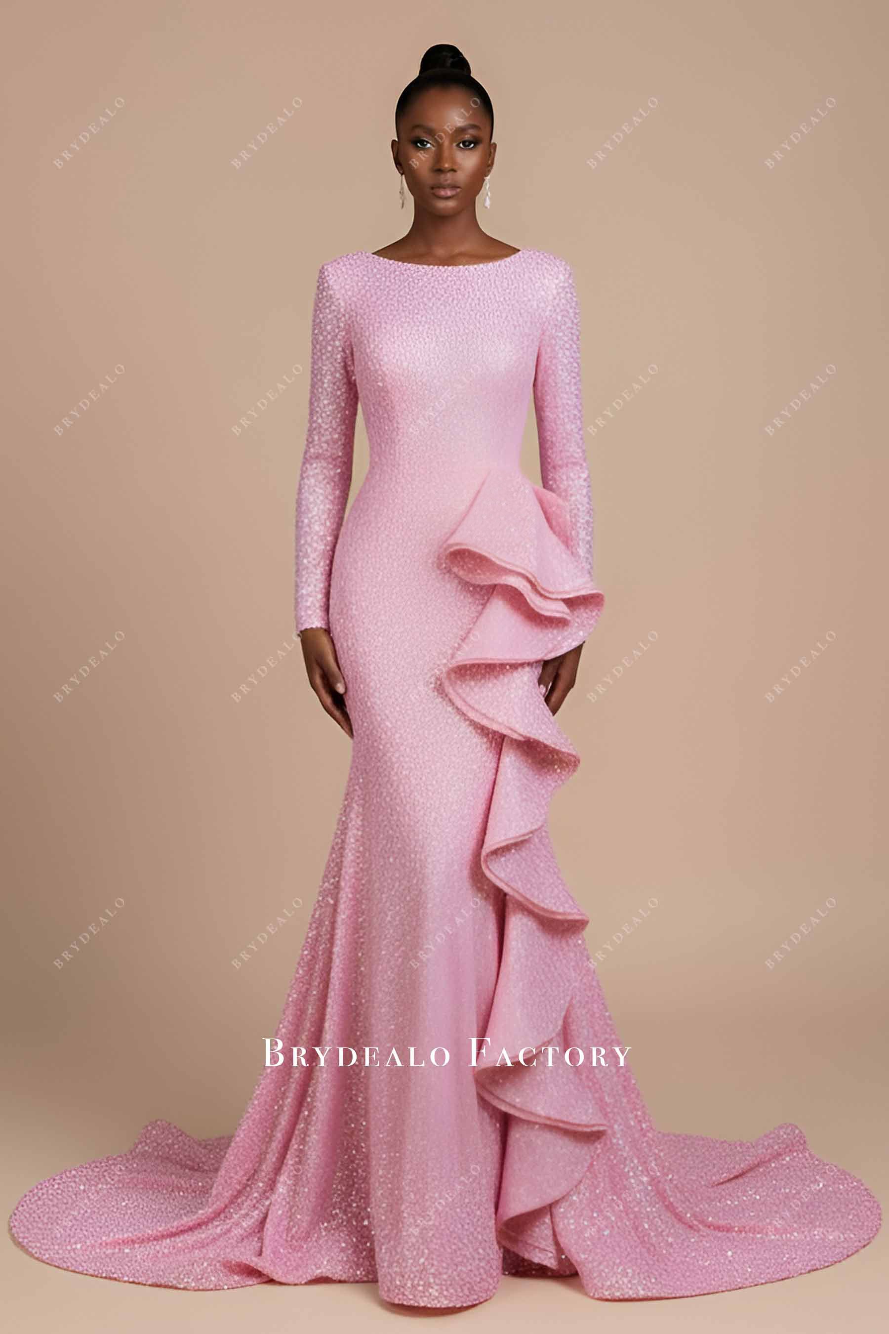 Sparkly Pink Sequin Sabrina Neck Mermaid Prom Dress