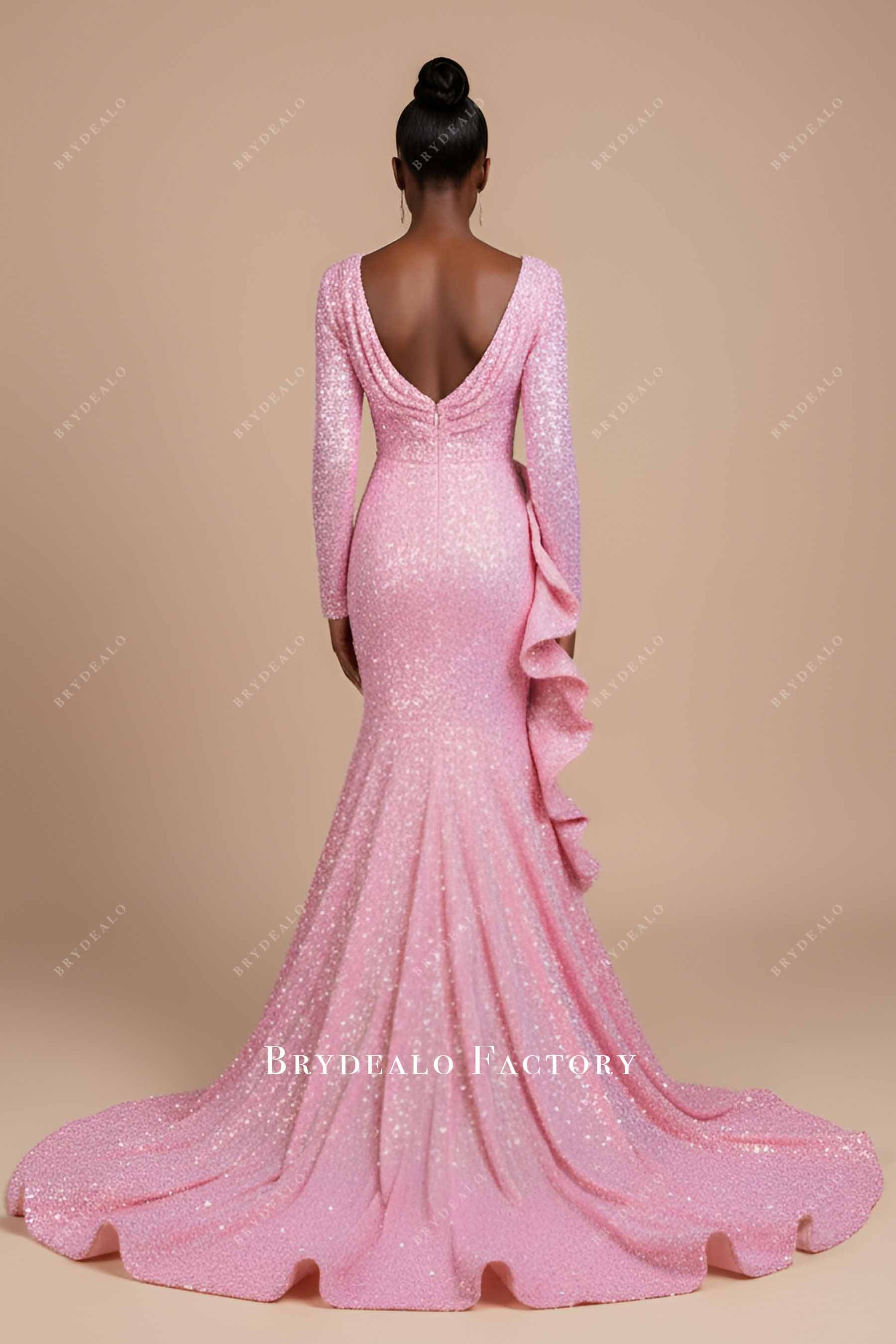 pink glitter v back mermaid prom dress