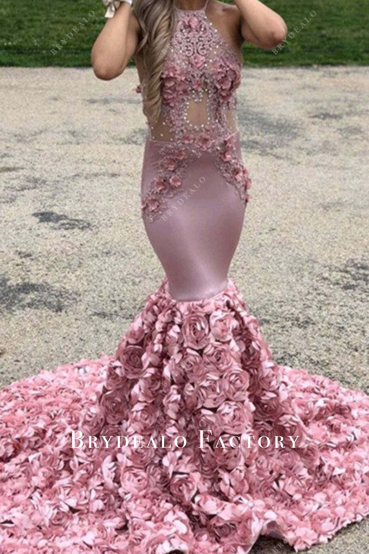 Pink Halter Lace Appliques 3D Roses Trumpet Prom Dress Pink Halter Lace Appliques 3D Roses Trumpet Prom Dress