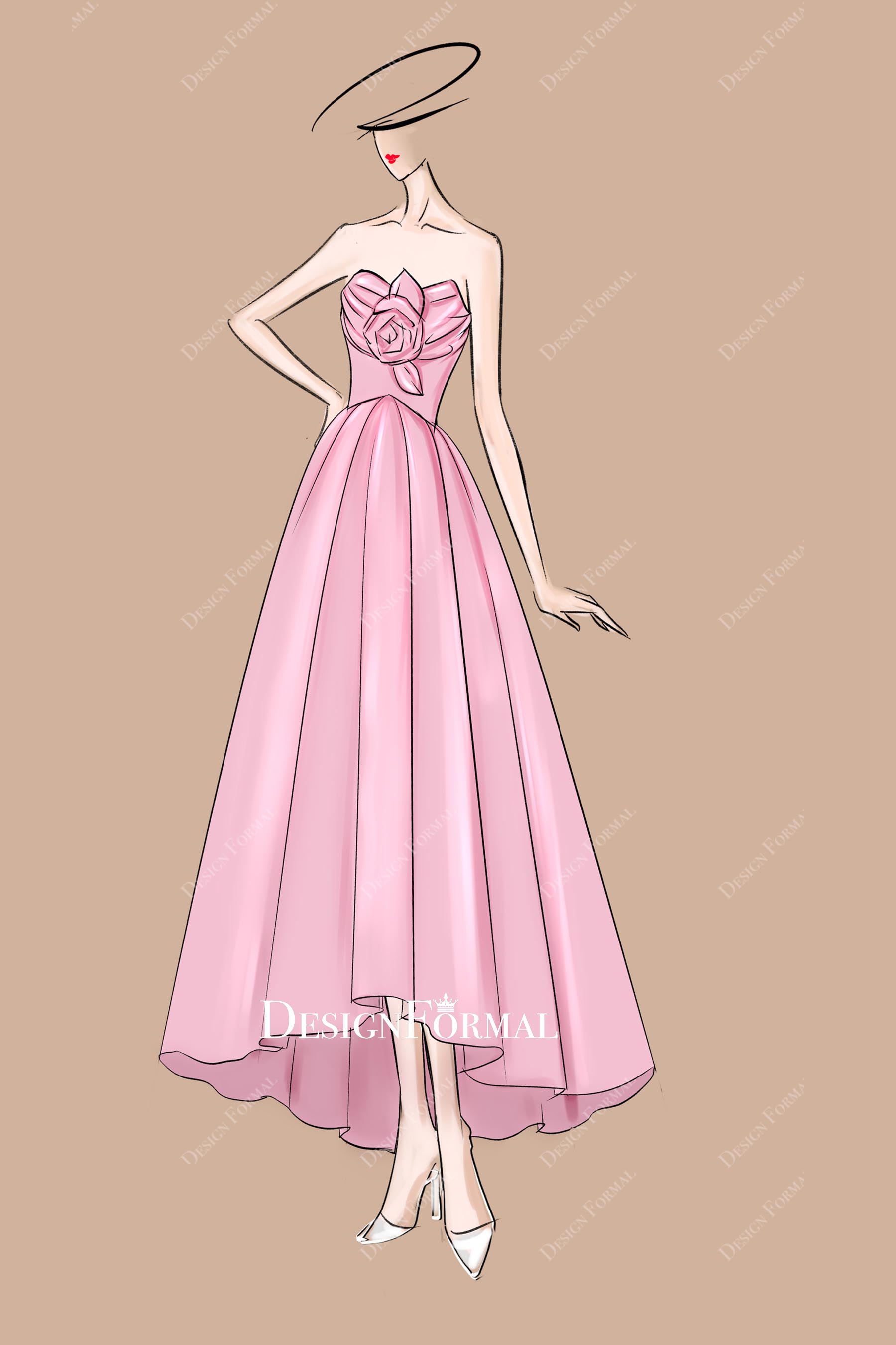 3D Flower Strapless Pink Taffeta High-low Wedding Guest Dress Sketch 3D Flower Strapless Pink Taffeta High-low Wedding Guest Dress Sketch