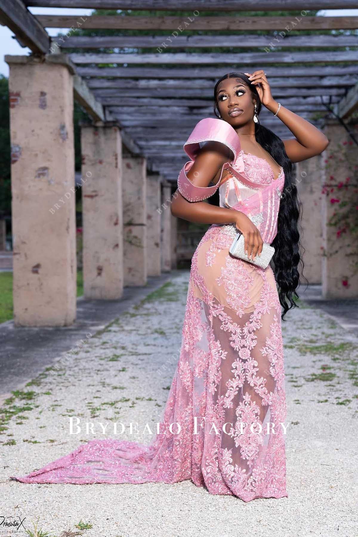 pink lace illusion mermaid prom dress