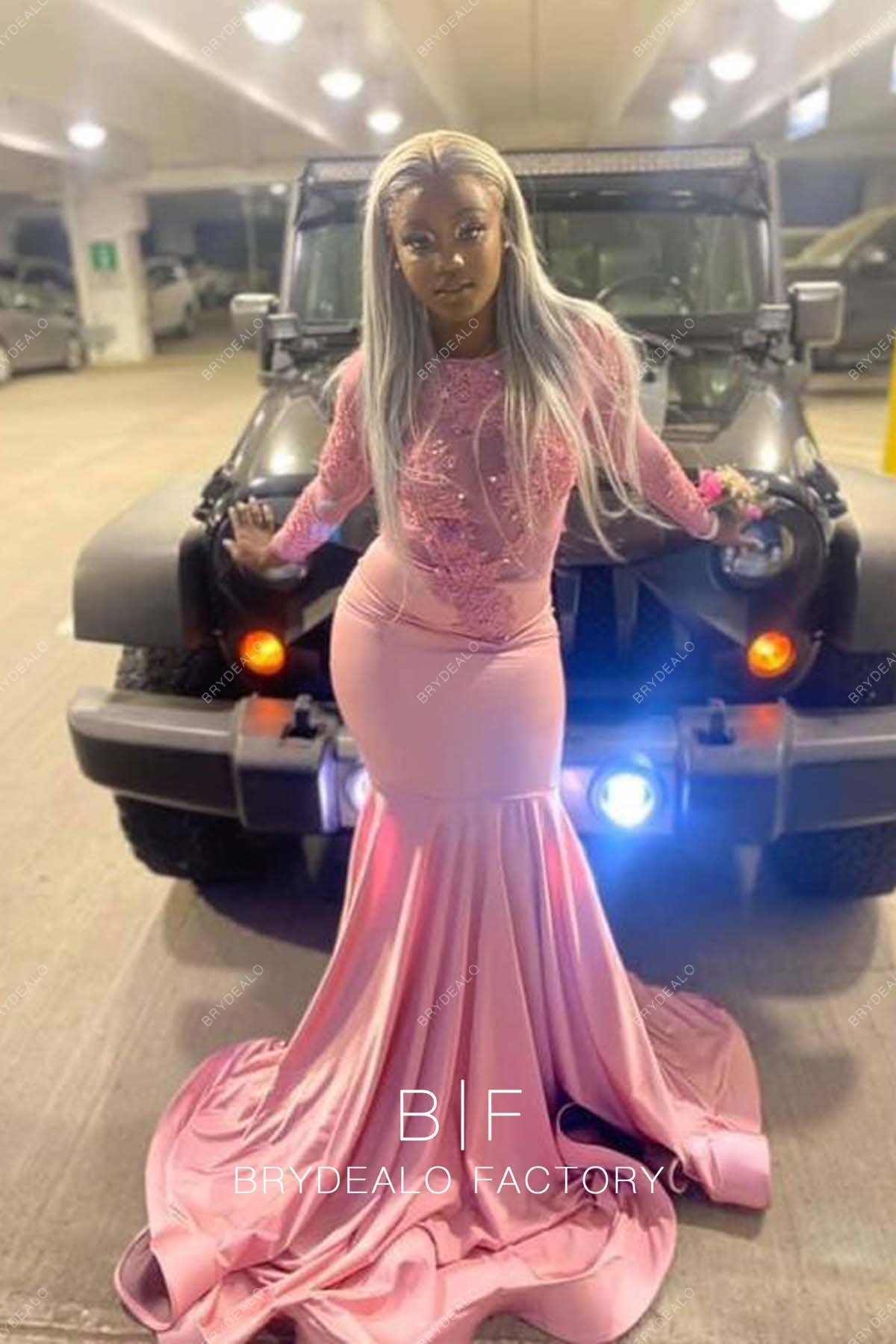Baby Pink Lace Jersey Mermaid Horsehair Long Train Prom Dress Baby Pink Lace Jersey Mermaid Horsehair Long Train Prom Dress