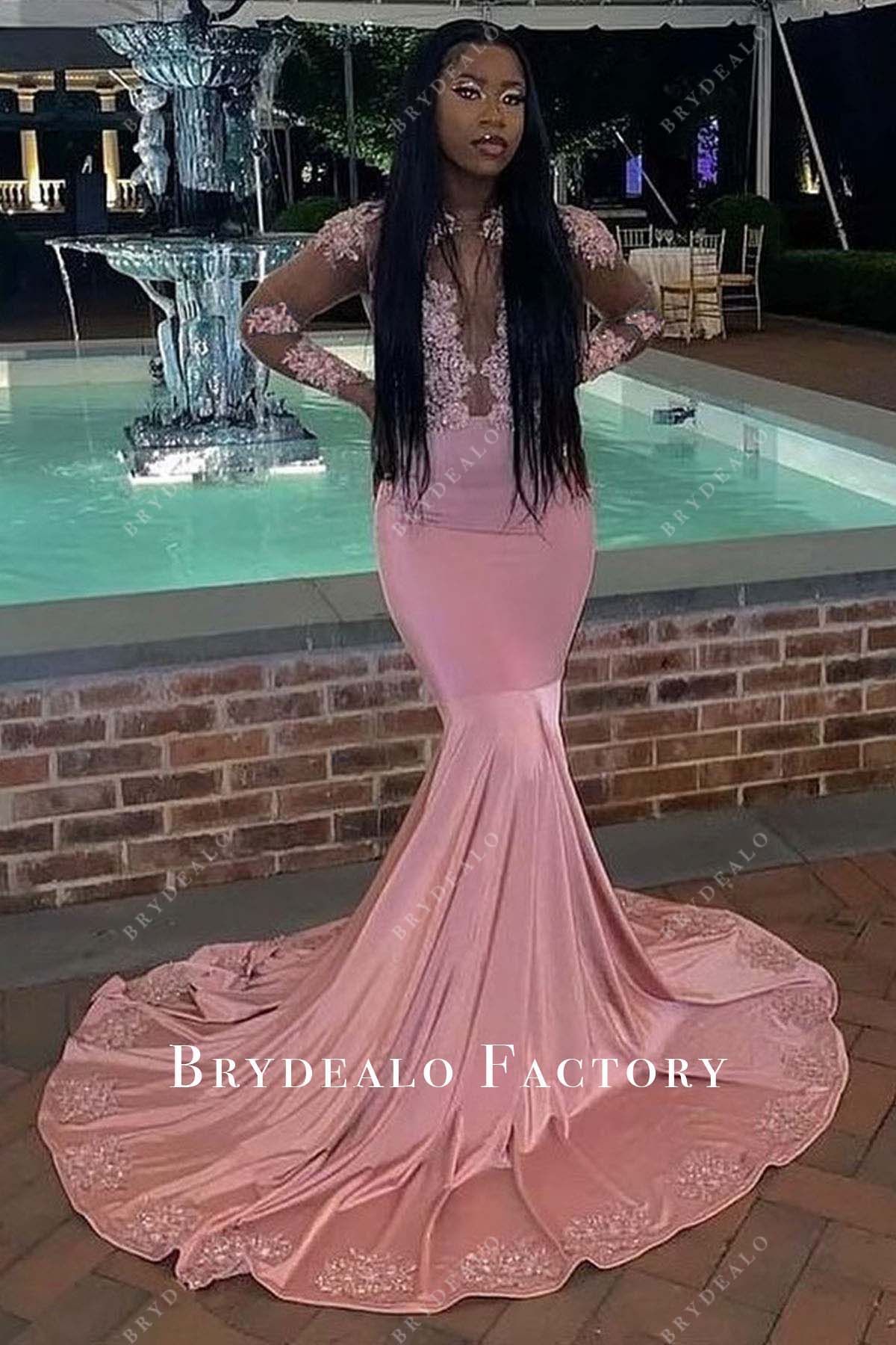Flamingo Pink Lace Sheer Long Sleeves Mermaid Prom Dress
