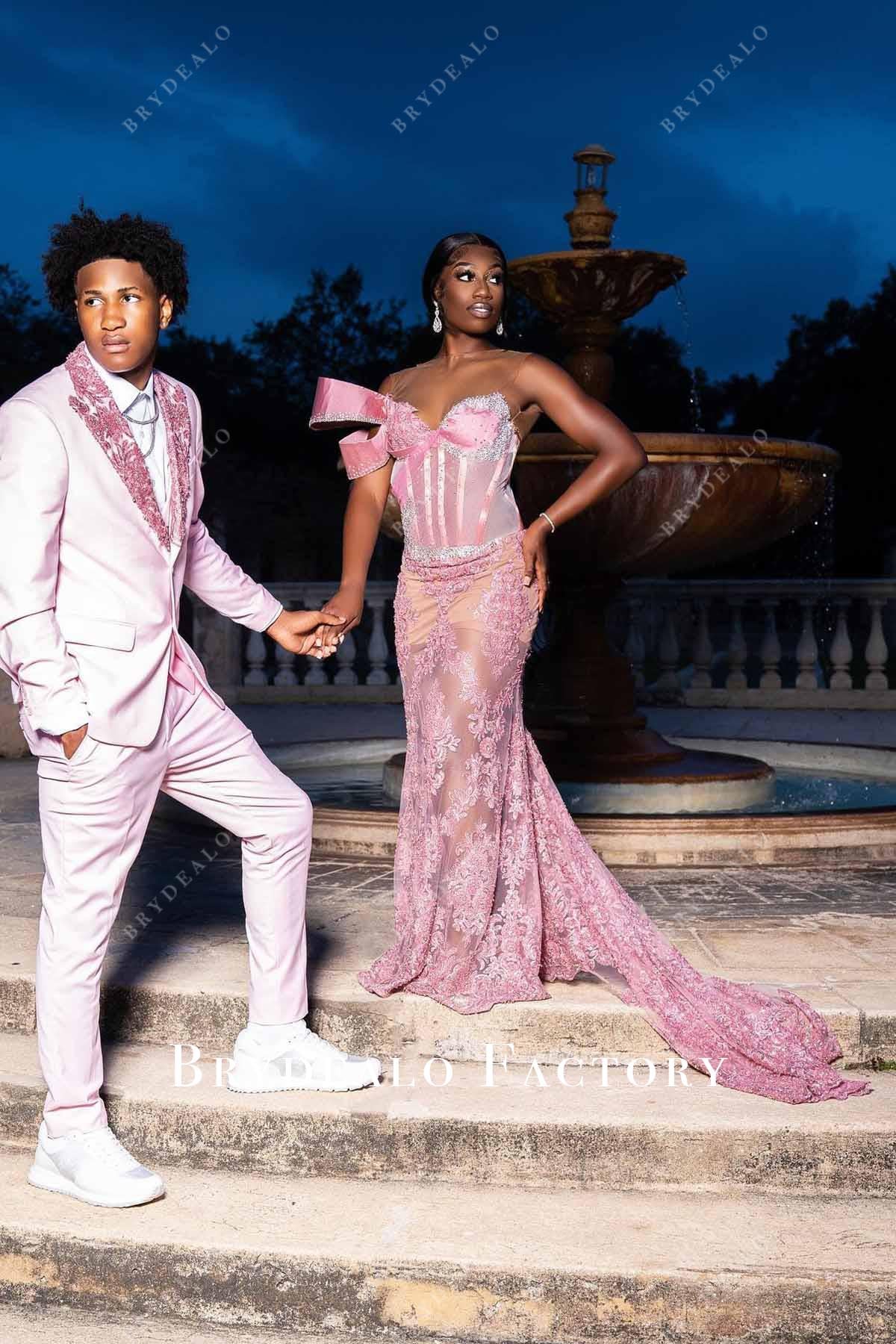 Rhinestones Pink Lace Illusion Neck Mermaid Prom Dress