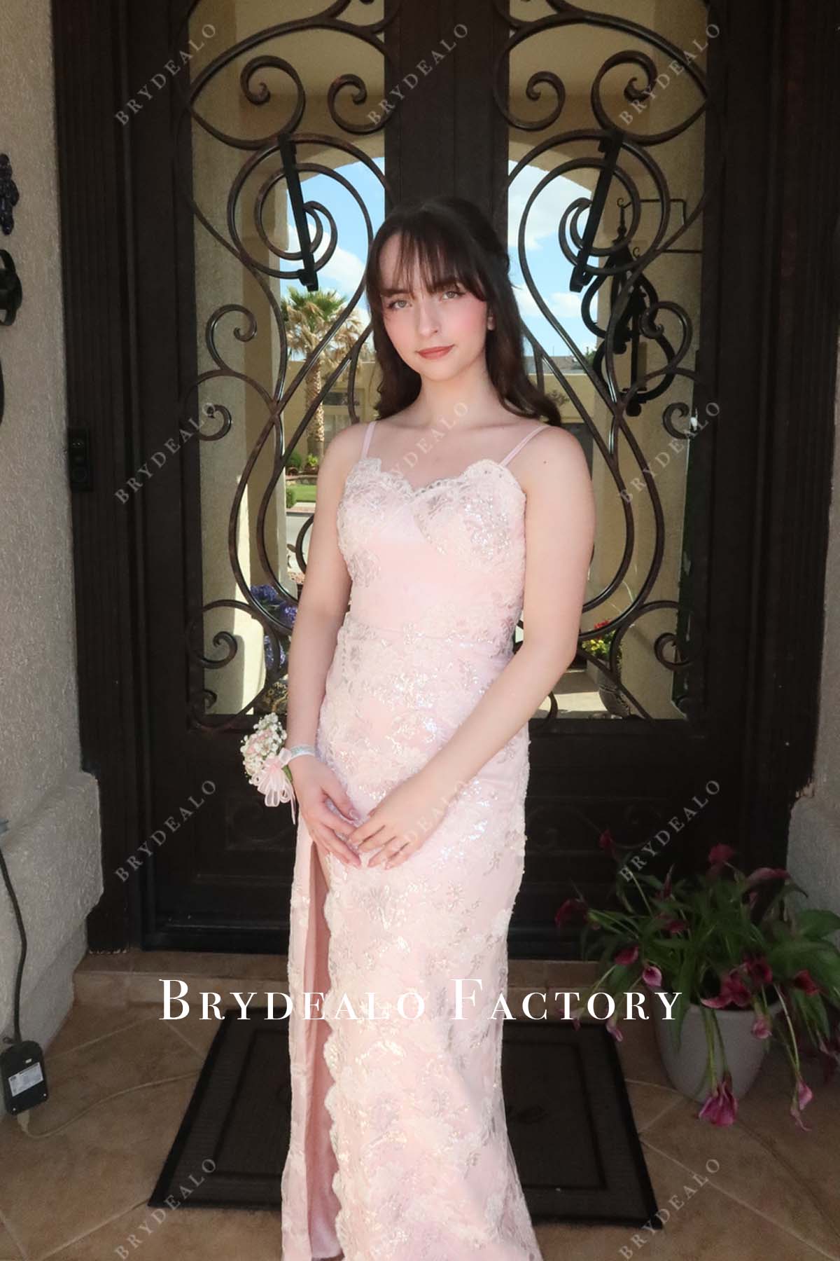 pink lace spaghetti straps formal dress